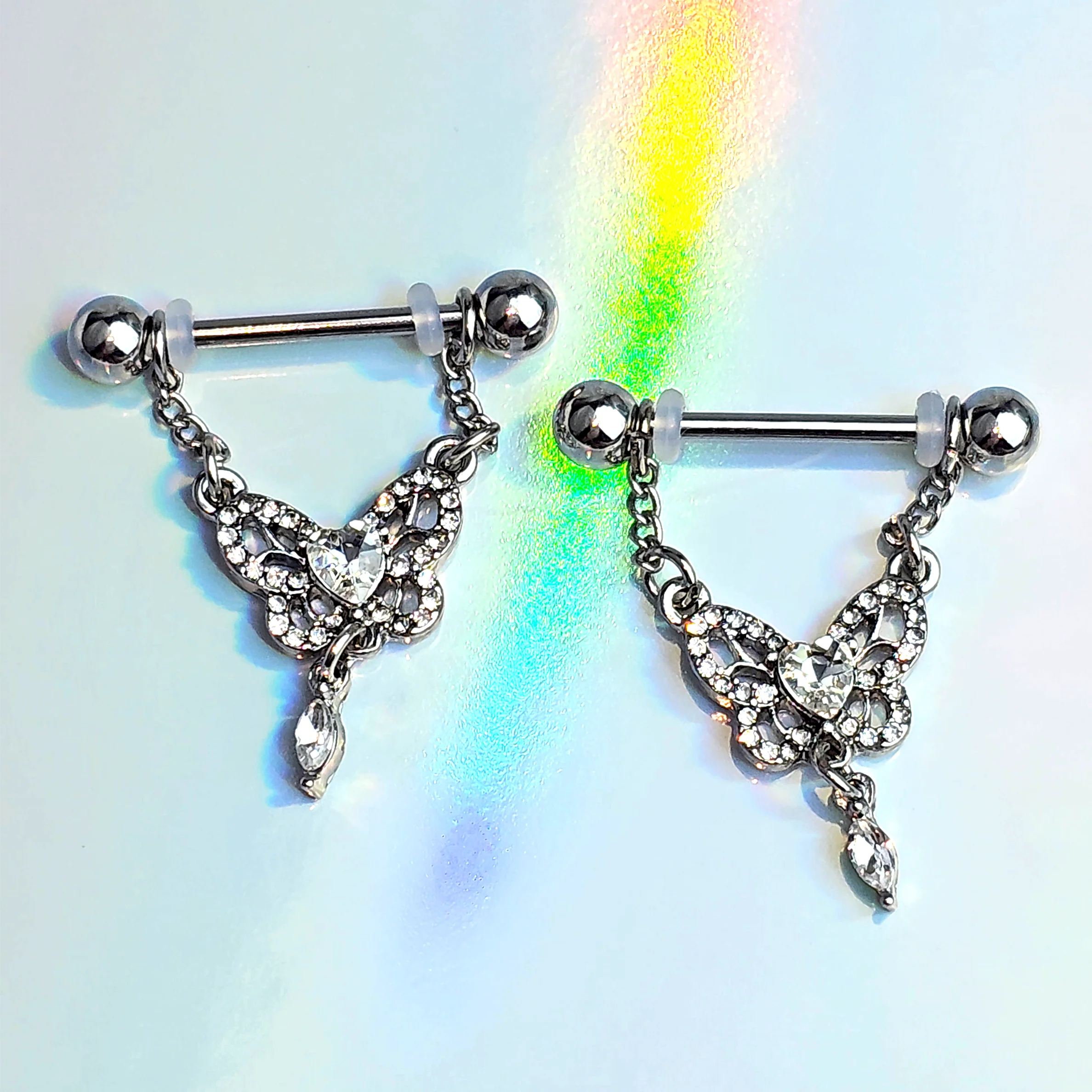 14G 9/16 Clear Gem Whimsical Butterfly Dangle Nipple Ring Set - Image 2