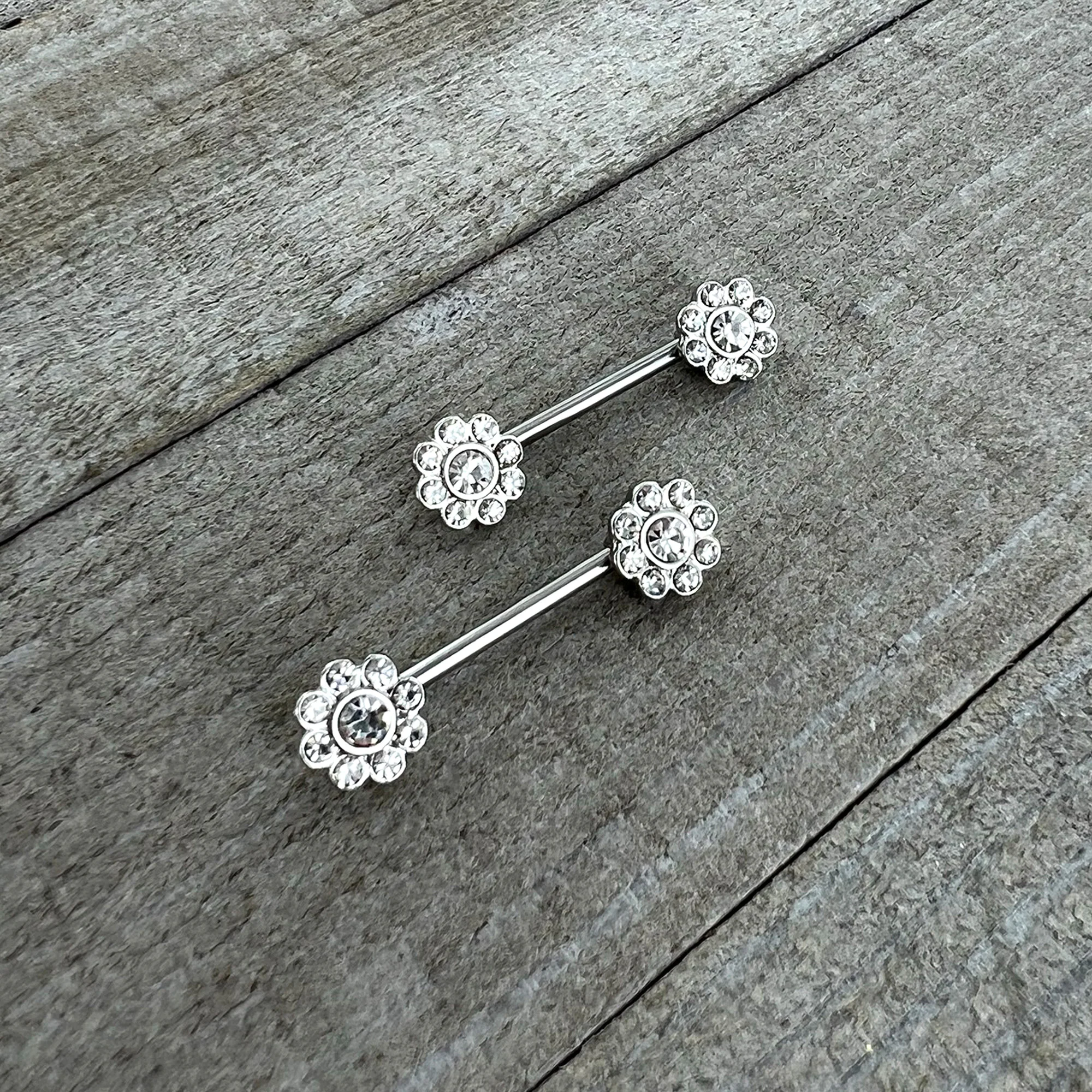 14G 9/16 Clear Gem Whimsy Flower Barbell Nipple Ring Set - Image 4