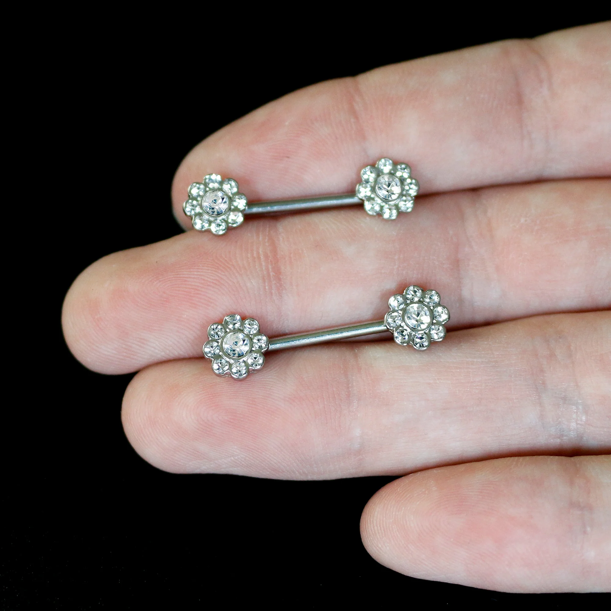 14G 9/16 Clear Gem Whimsy Flower Barbell Nipple Ring Set - Image 5