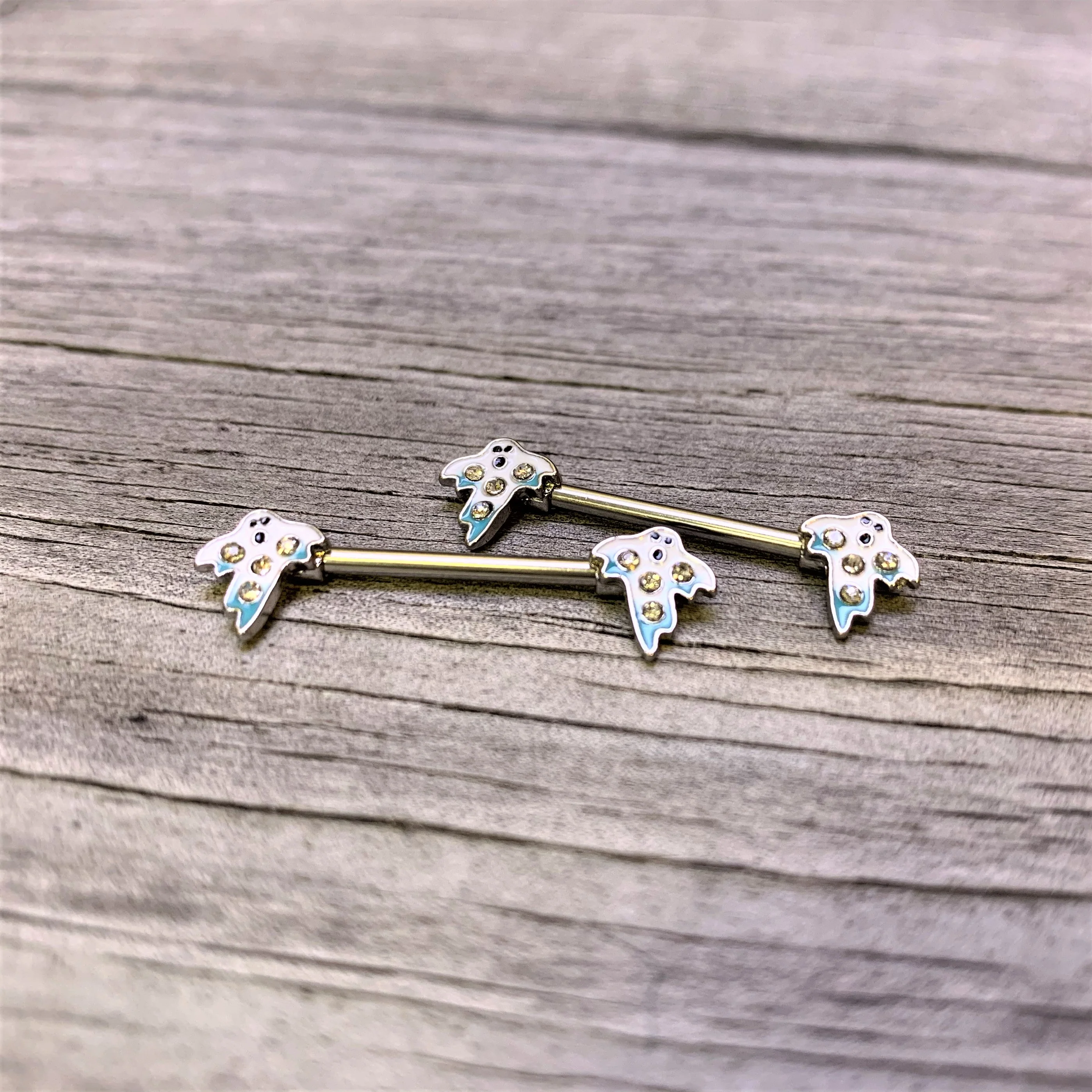 14G 9/16 Clear Gem White Ghost Halloween Barbell Nipple Ring Set - Image 2