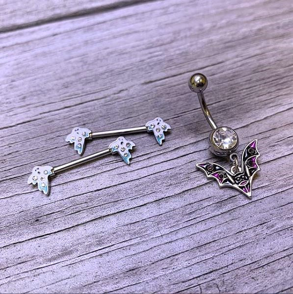 14G 9/16 Clear Gem White Ghost Halloween Barbell Nipple Ring Set - Image 3