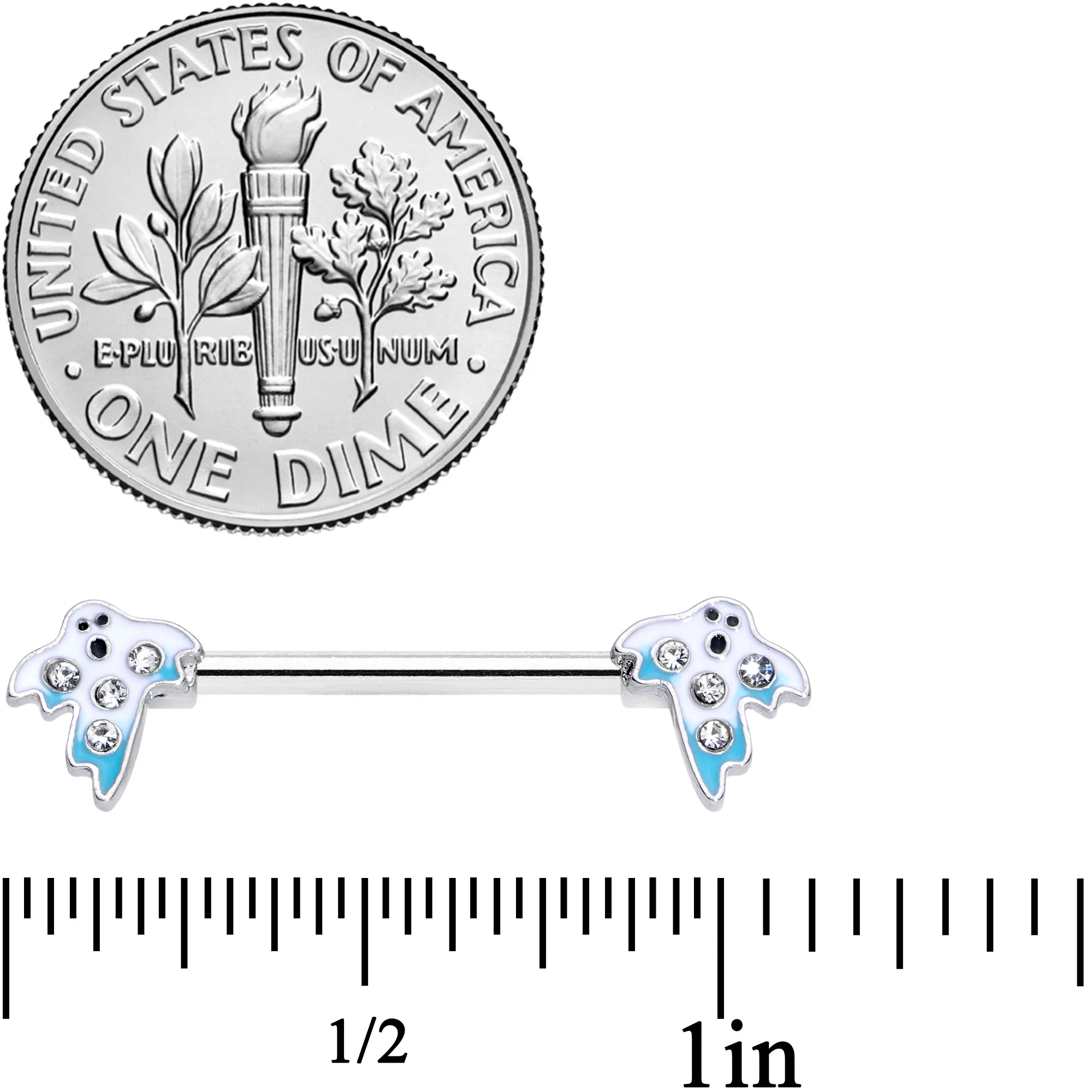 14G 9/16 Clear Gem White Ghost Halloween Barbell Nipple Ring Set - Image 4