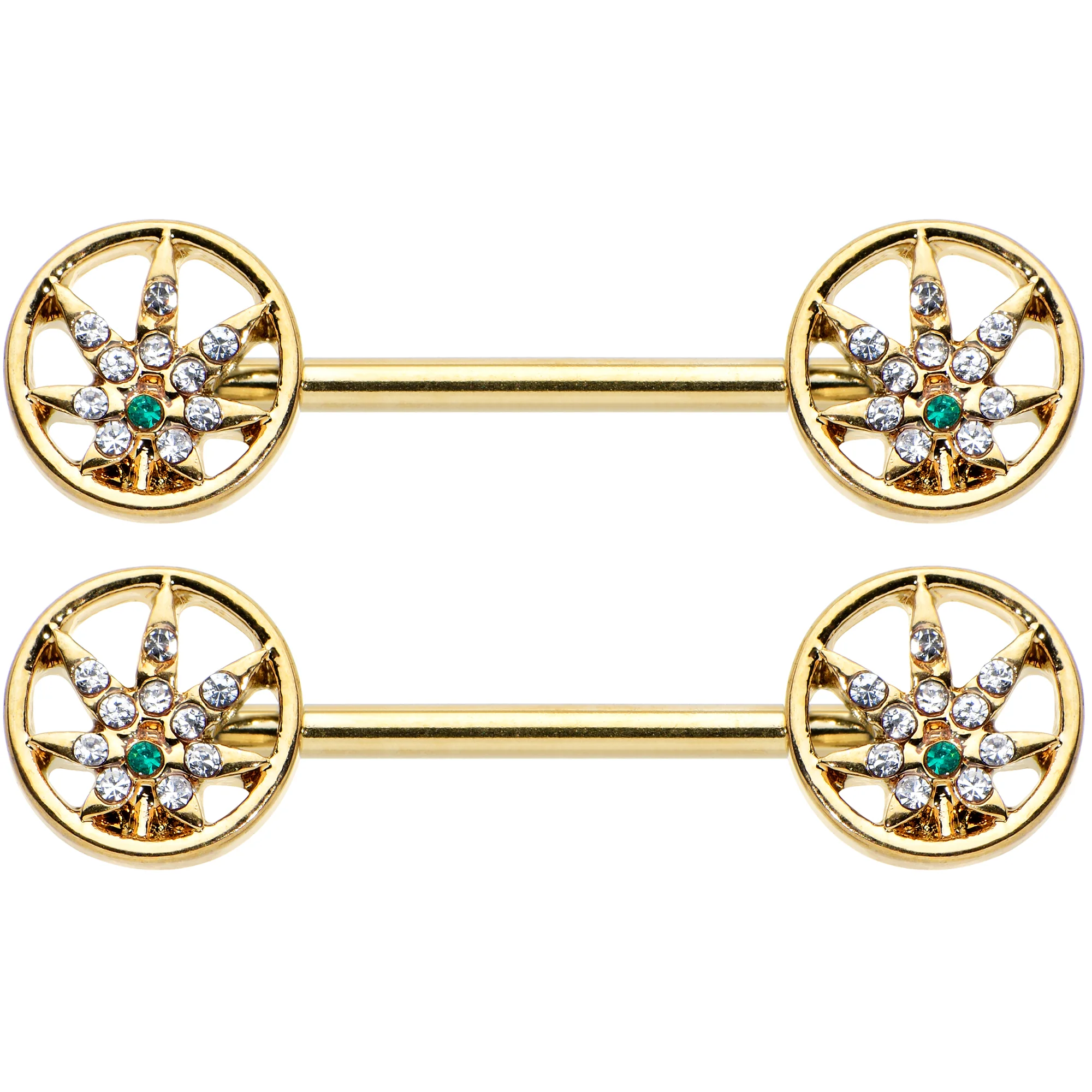 14G 9/16 Clear Green Gem Gold Hue Pot Leaf Circle Nipple Ring Set - Image 2