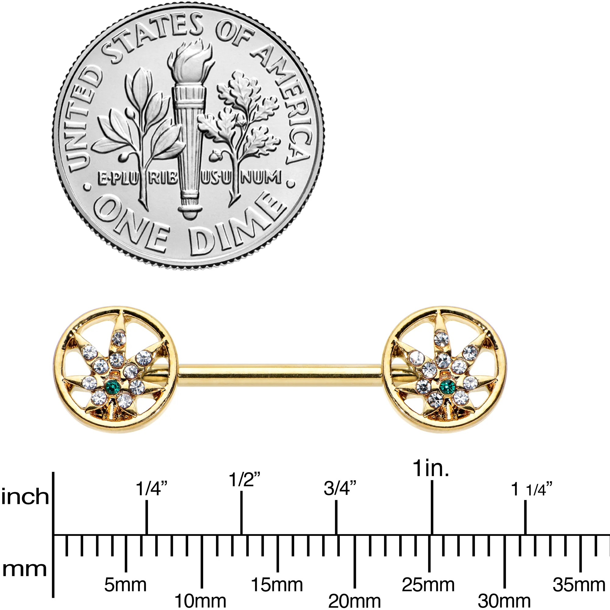 14G 9/16 Clear Green Gem Gold Hue Pot Leaf Circle Nipple Ring Set - Image 3