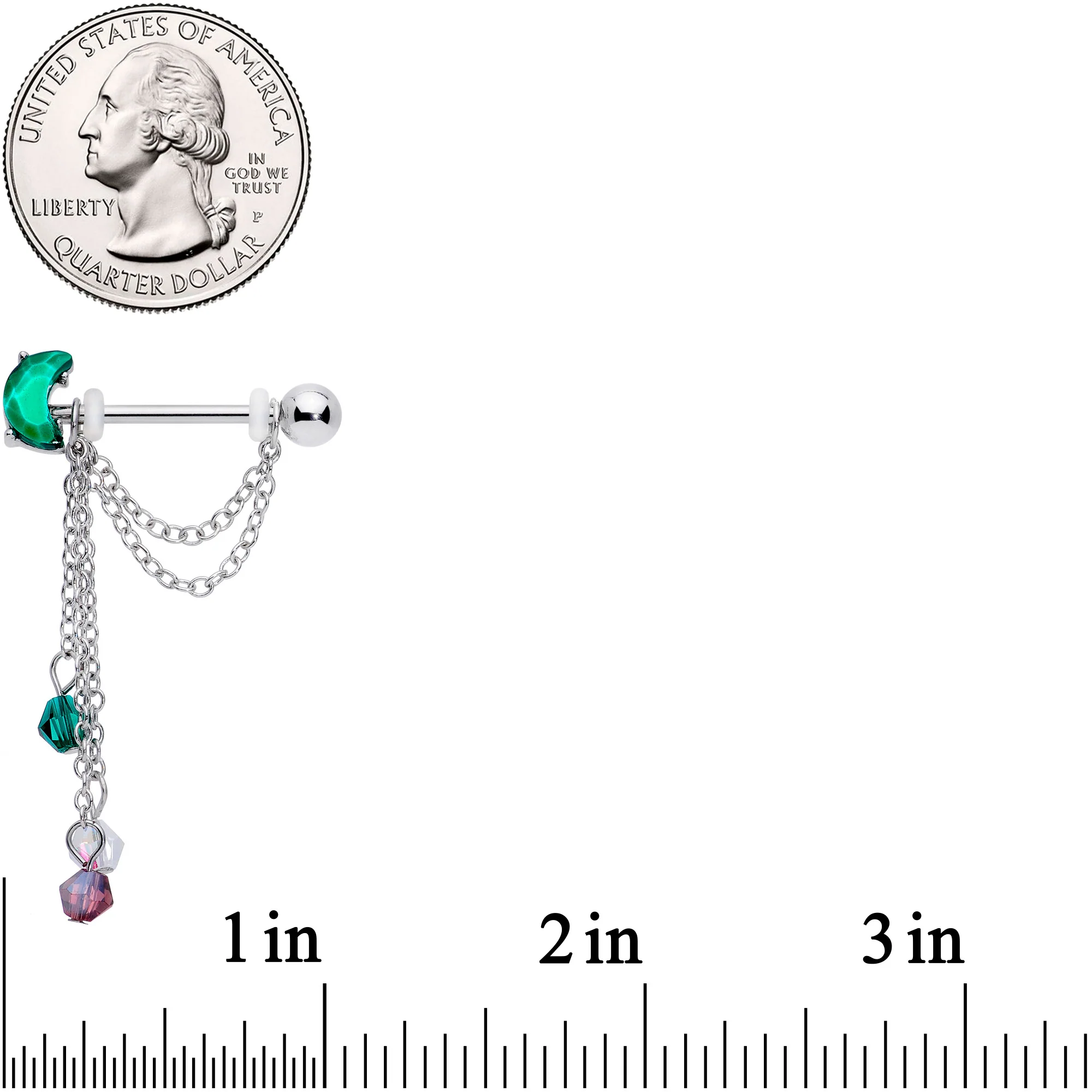 14G 9/16 Clear Green Gem Moon Trio Dangle Barbell Nipple Ring Set - Image 3