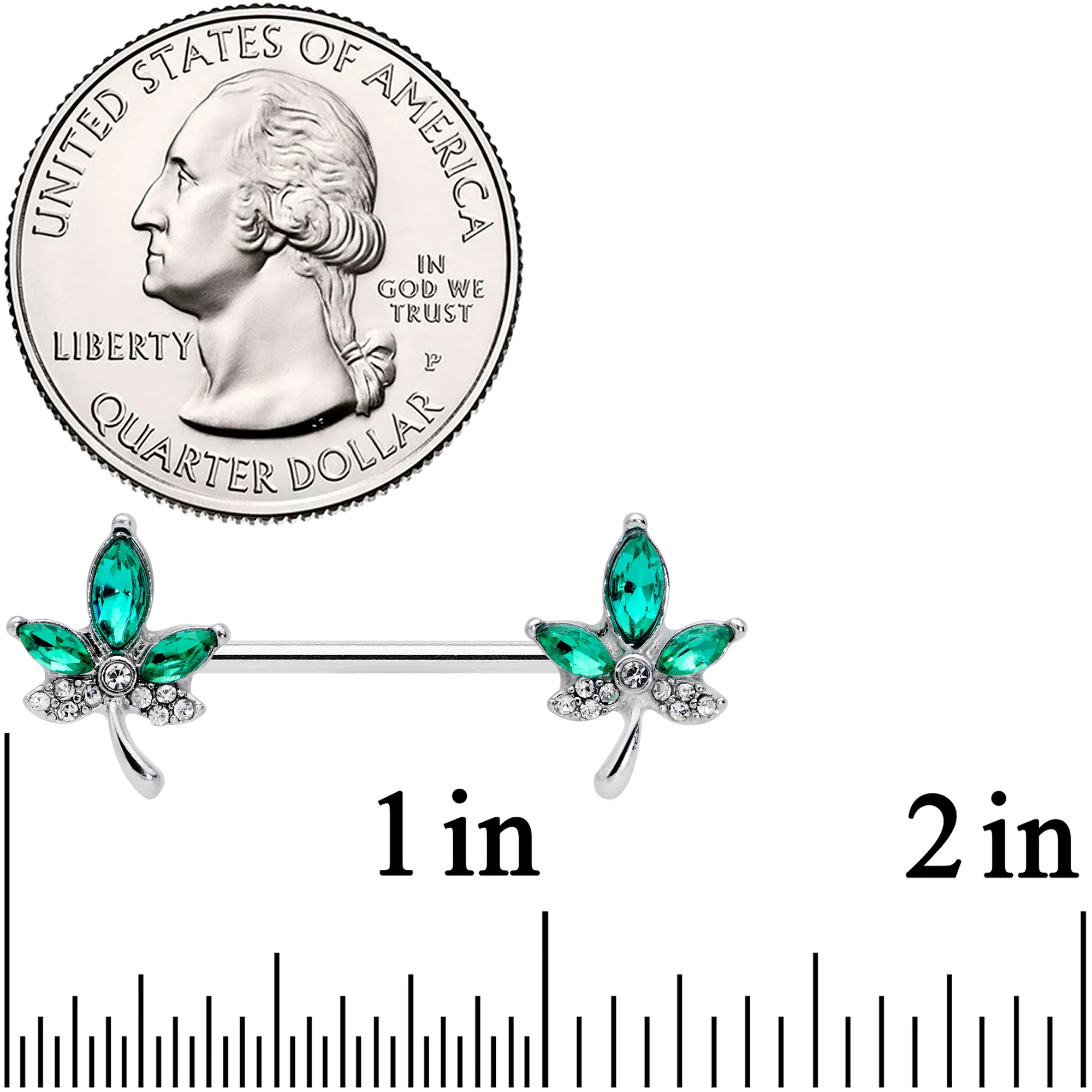 14G 9/16 Clear Green Gem Pot Leaf Barbell Nipple Ring Set - Image 2
