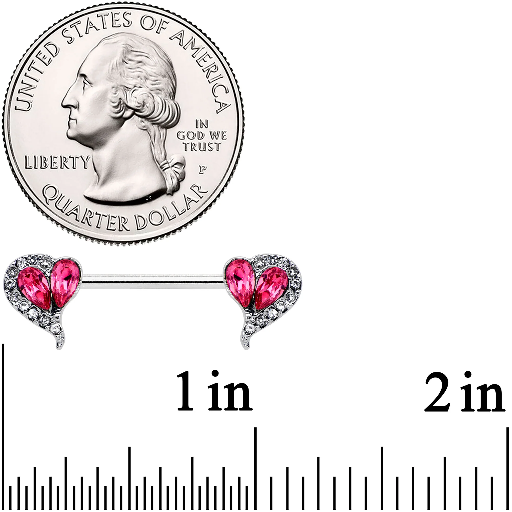14G 9/16 Clear Pink Gem Curve Heart Valentines Nipple Ring Set - Image 2