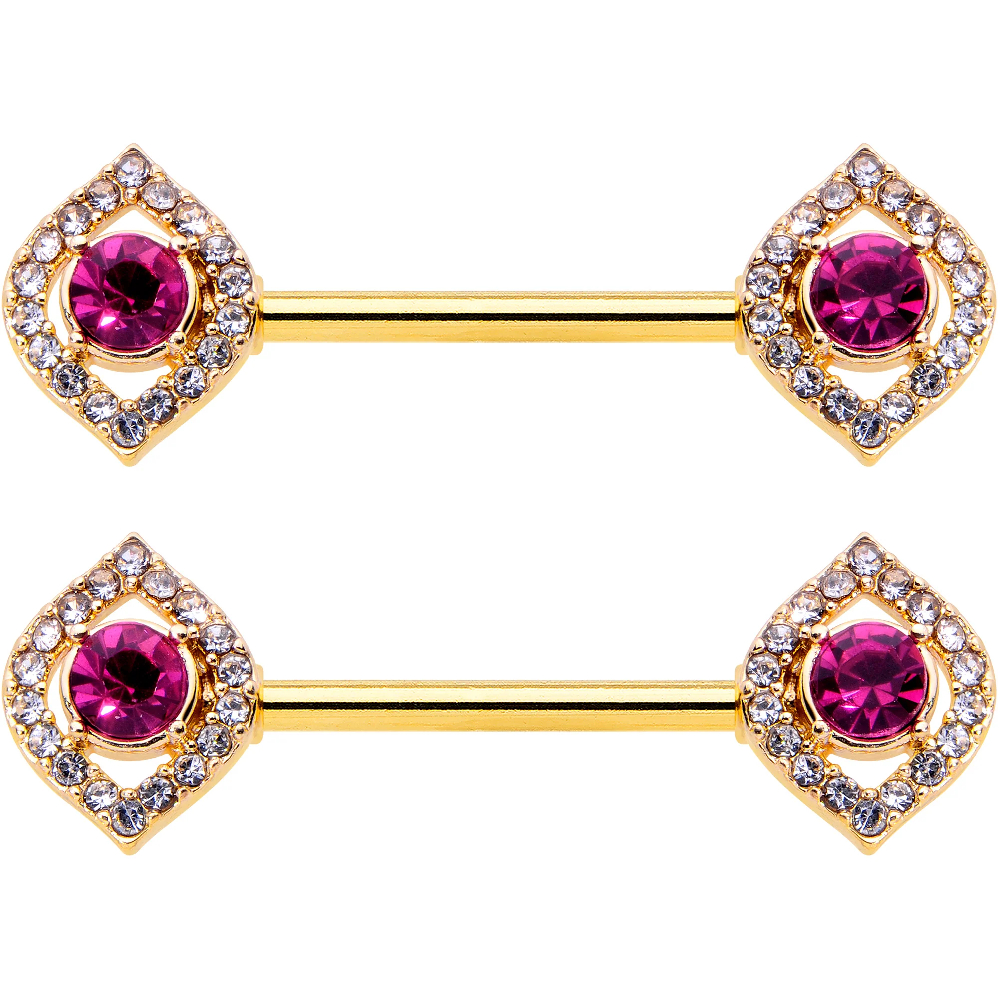 14G 9/16 Clear Pink Gem Gold Tone Open Eye Barbell Nipple Ring Set - Image 2