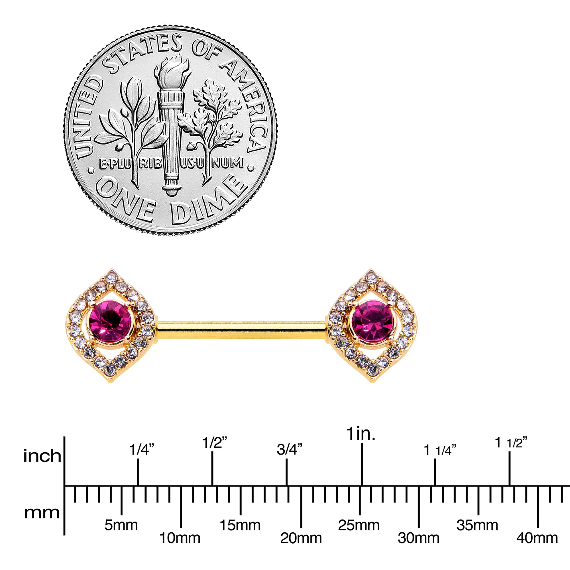 14G 9/16 Clear Pink Gem Gold Tone Open Eye Barbell Nipple Ring Set - Image 3