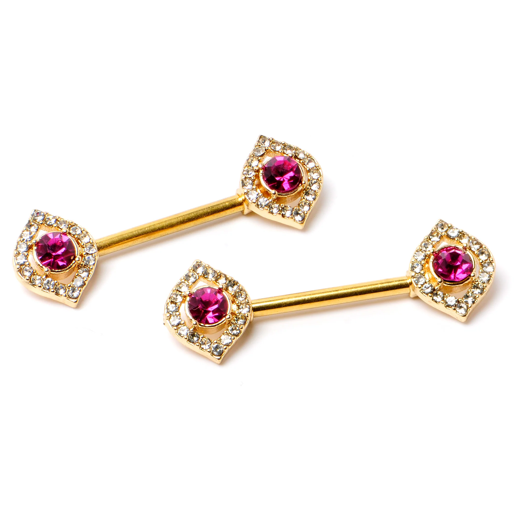 14G 9/16 Clear Pink Gem Gold Tone Open Eye Barbell Nipple Ring Set - Image 4