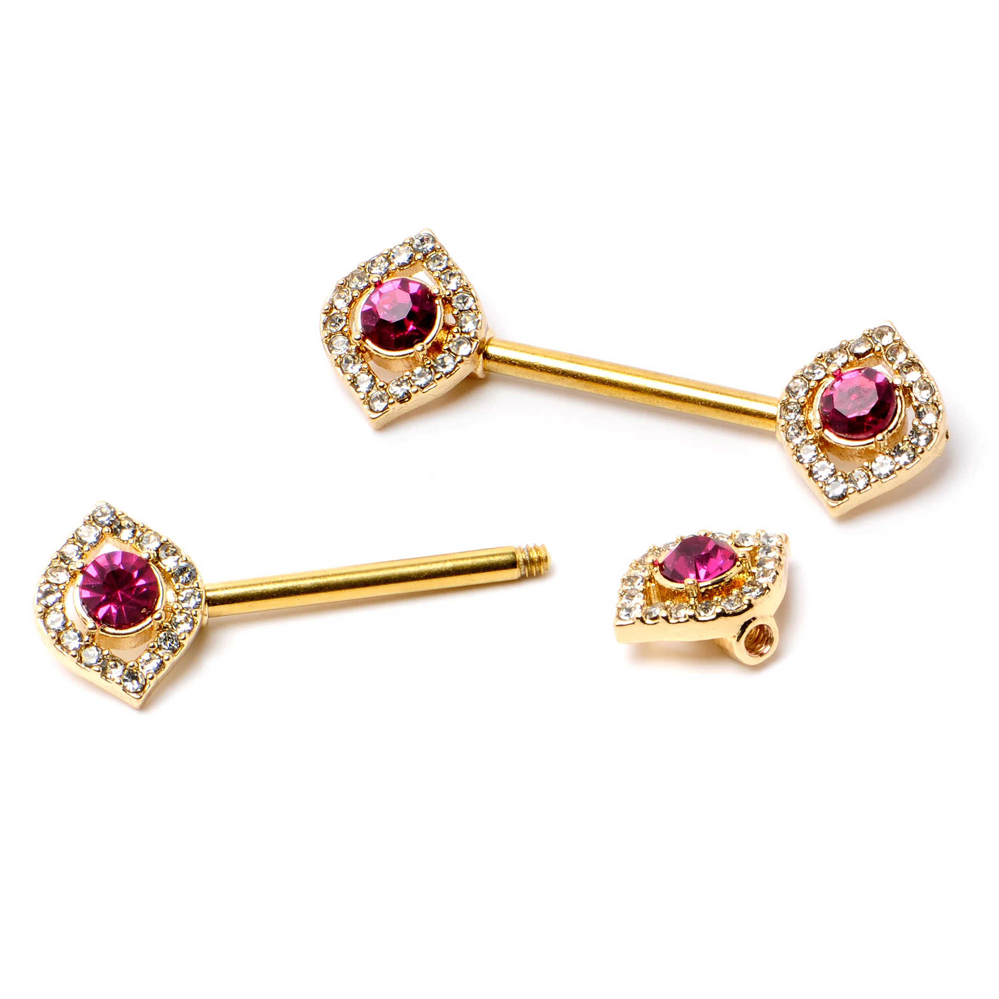 14G 9/16 Clear Pink Gem Gold Tone Open Eye Barbell Nipple Ring Set - Image 5