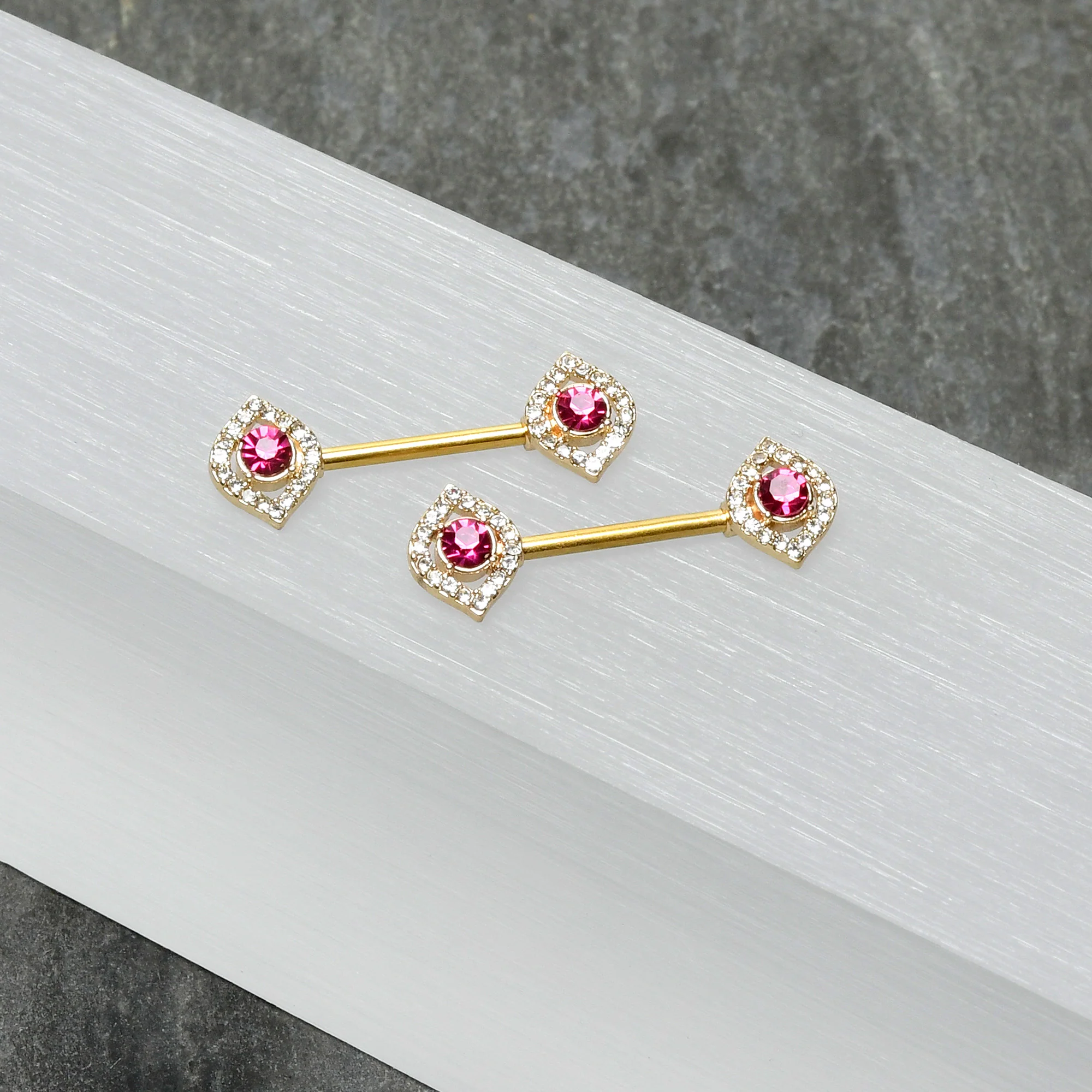 14G 9/16 Clear Pink Gem Gold Tone Open Eye Barbell Nipple Ring Set - Image 6