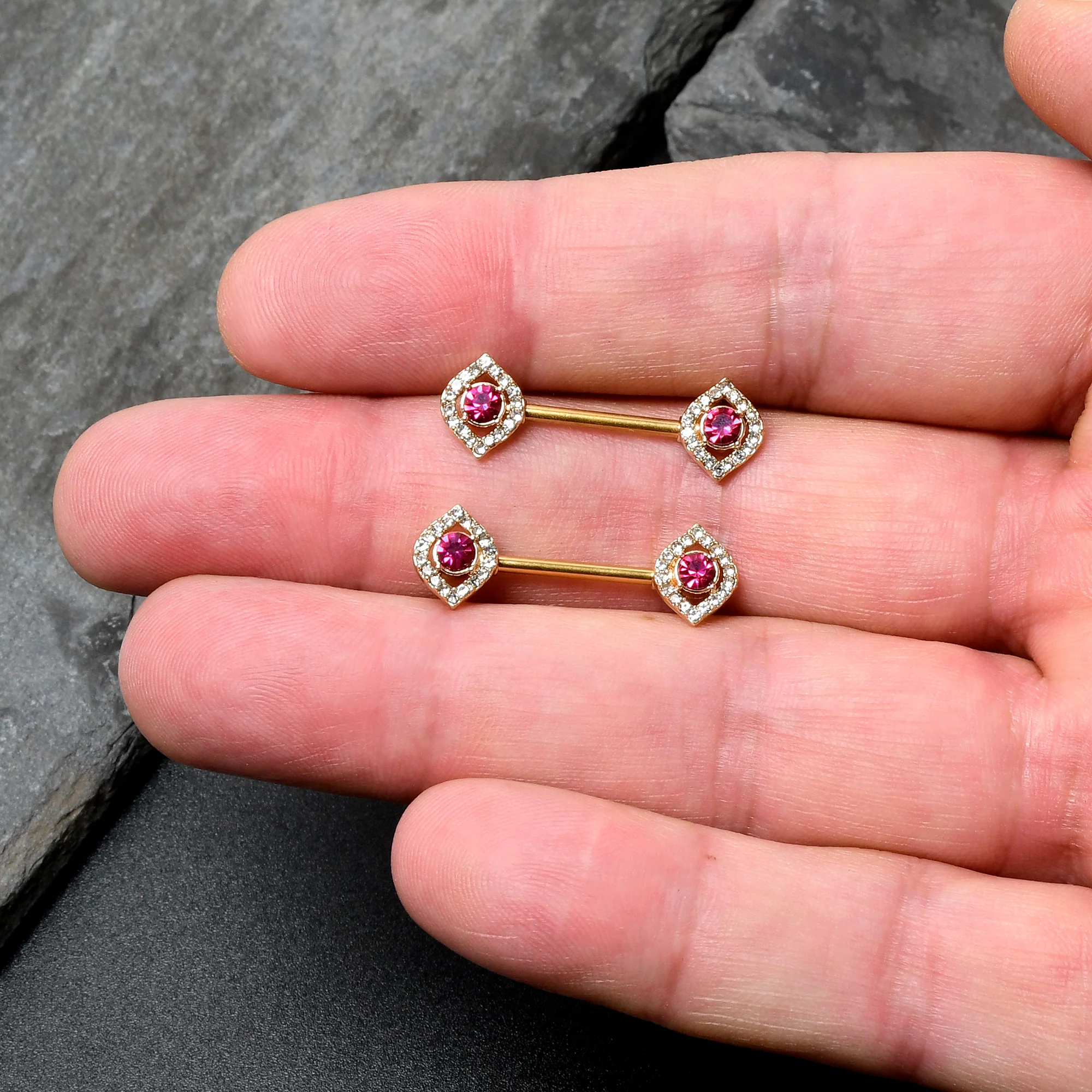 14G 9/16 Clear Pink Gem Gold Tone Open Eye Barbell Nipple Ring Set - Image 7