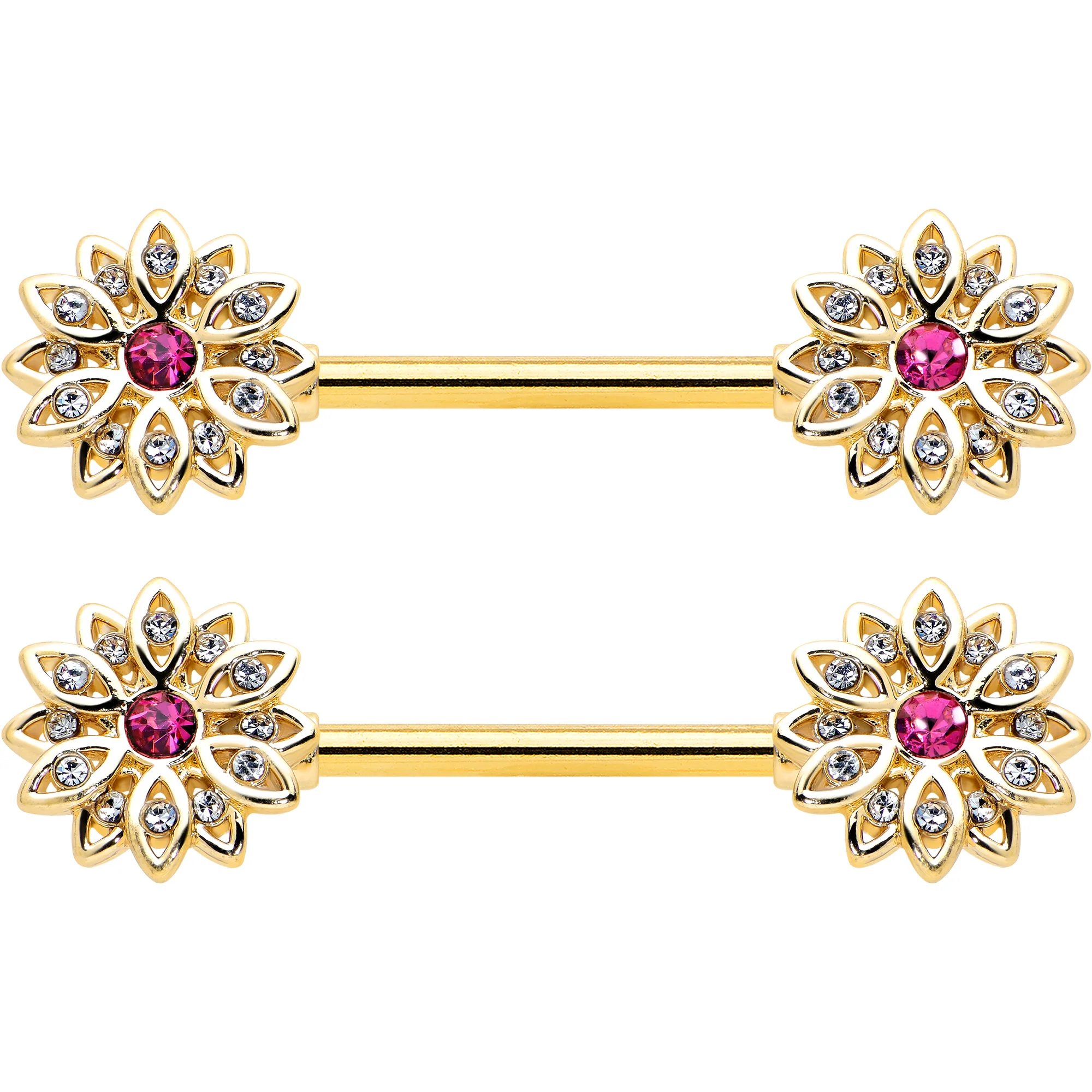 14G 9/16 Clear Pink Gem Gold Tone Starry Flower Nipple Ring Set - Image 2