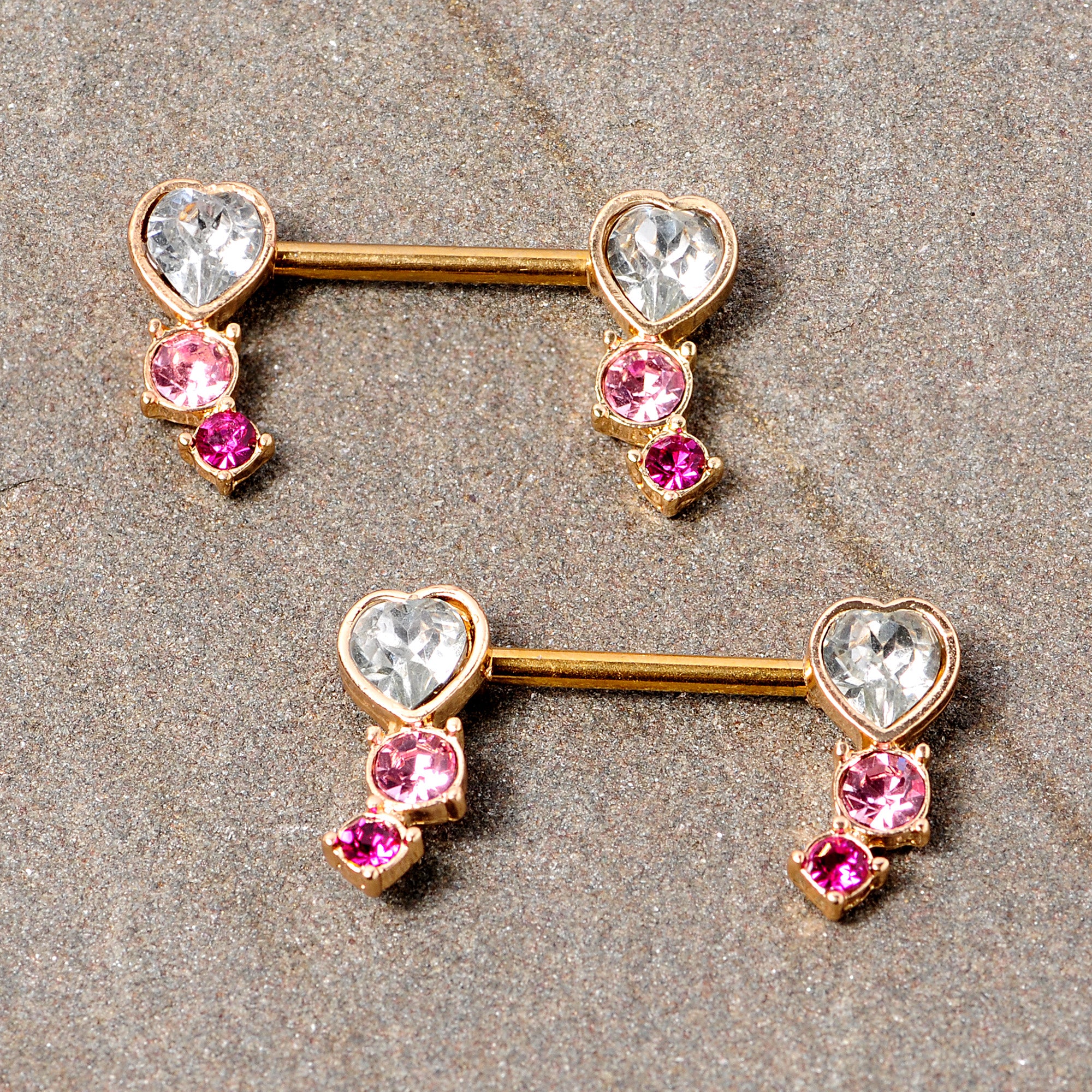 14G 9/16 Clear Pink Red Gem Heart Barbell Nipple Ring Set - Image 2