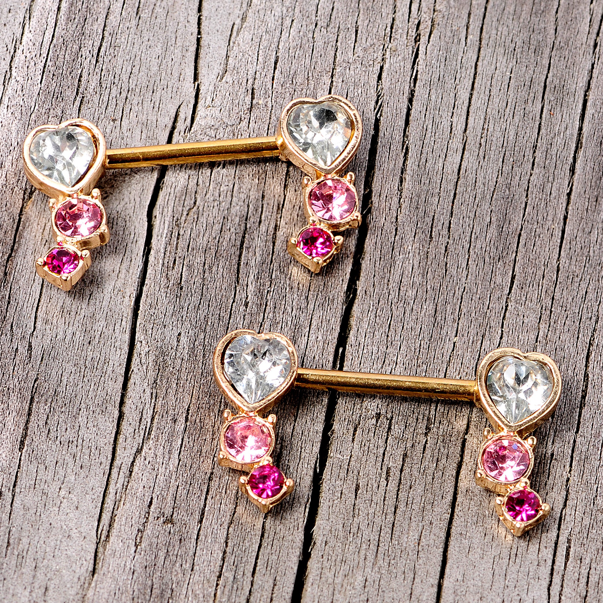 14G 9/16 Clear Pink Red Gem Heart Barbell Nipple Ring Set - Image 3