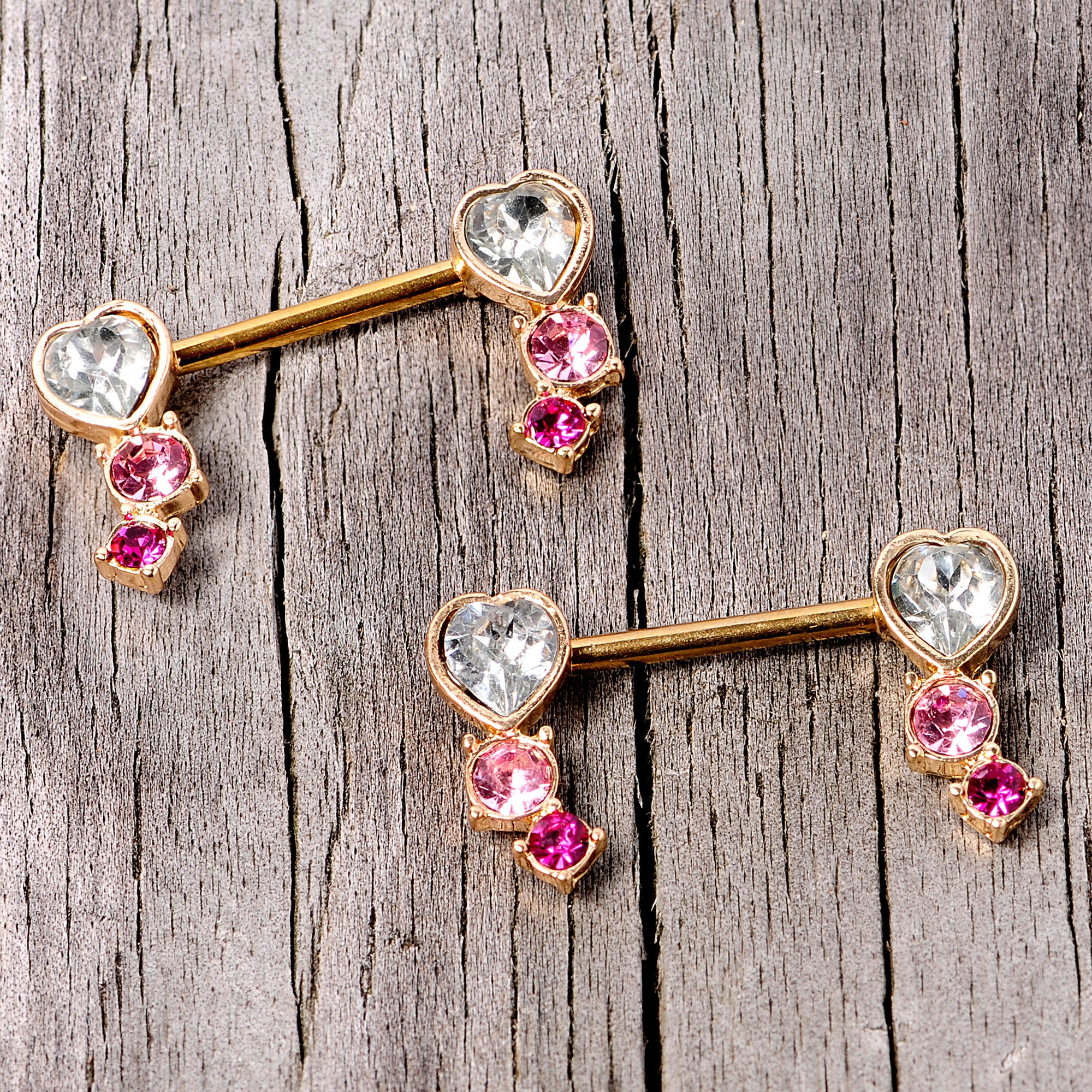 14G 9/16 Clear Pink Red Gem Heart Barbell Nipple Ring Set - Image 4