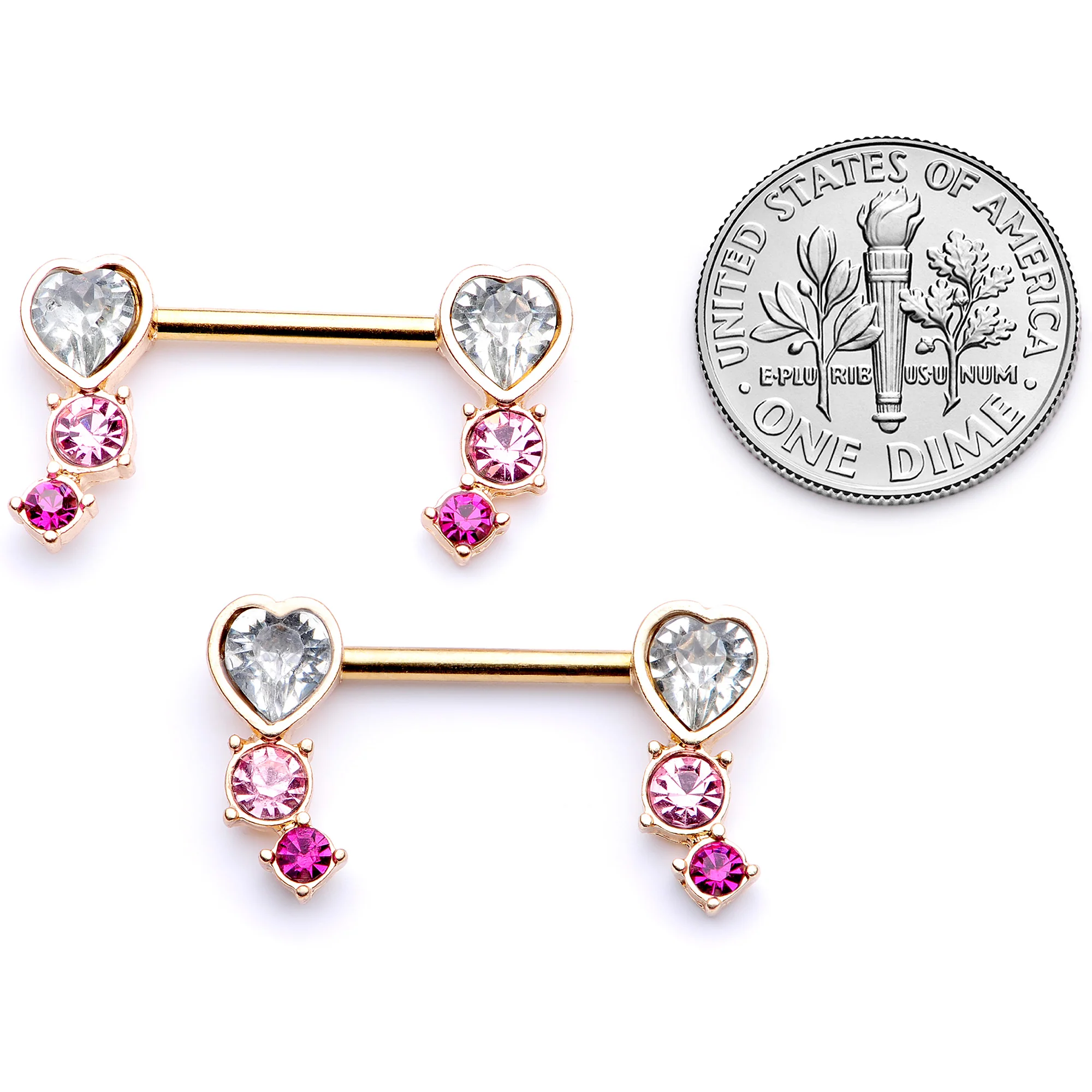 14G 9/16 Clear Pink Red Gem Heart Barbell Nipple Ring Set - Image 5