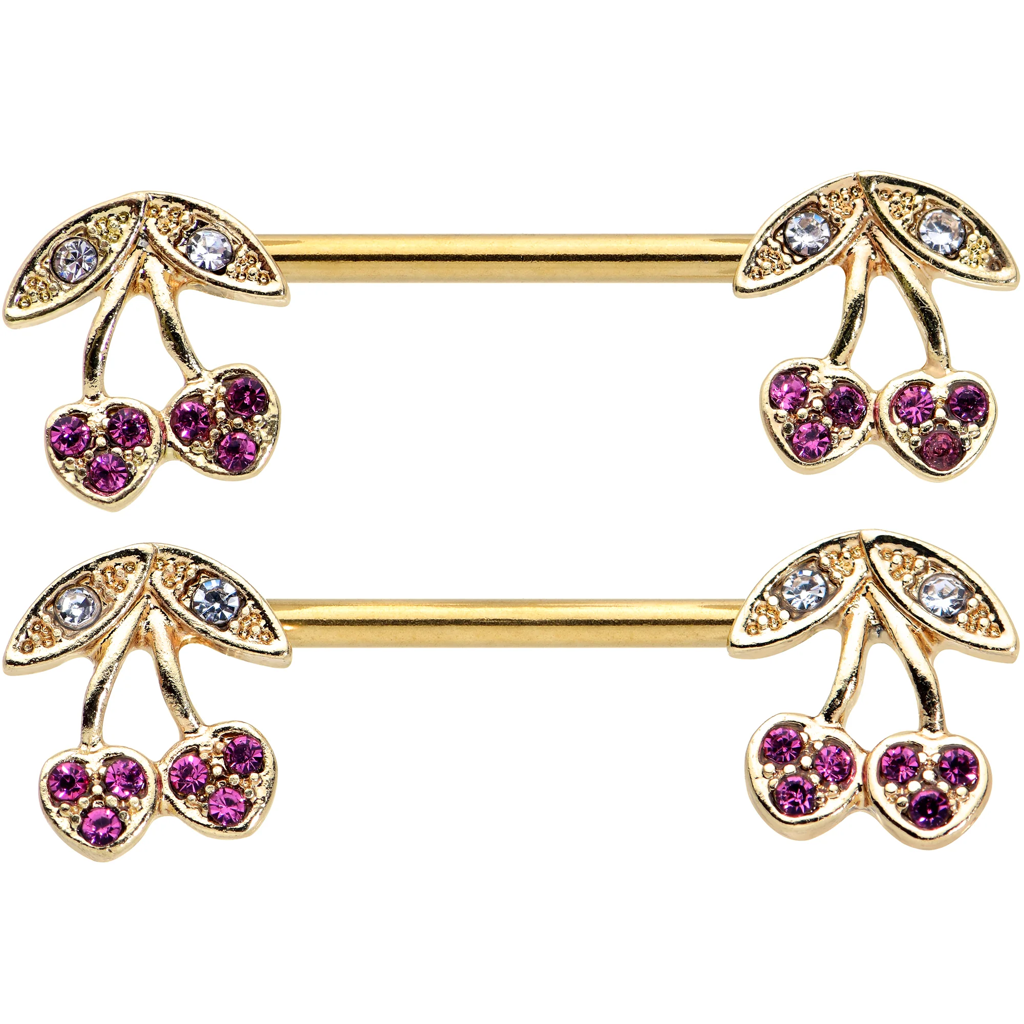 14G 9/16 Clear Purple Gem Gold Tone Very Cherry Nipple Ring Set - Image 2