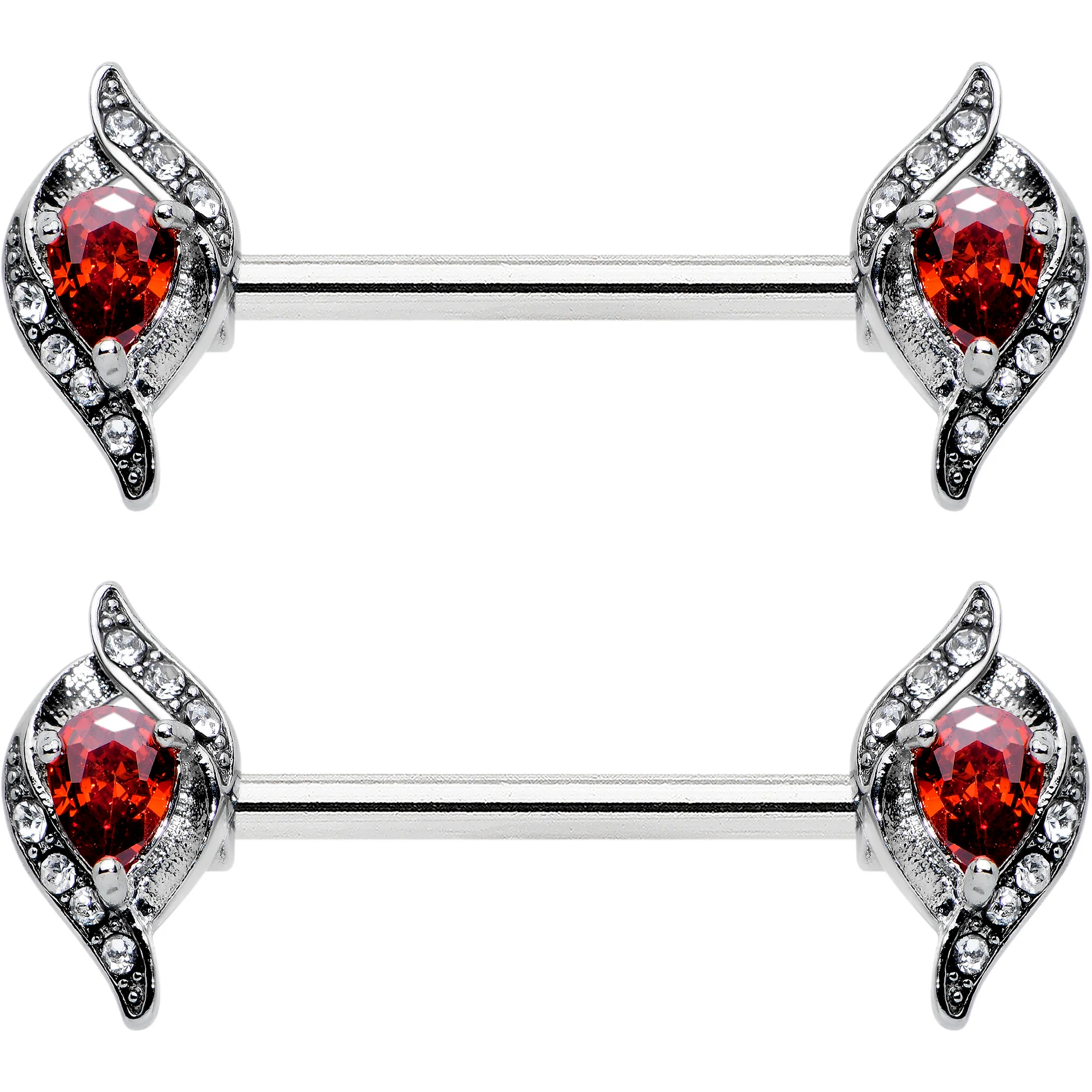 14G 9/16 Clear Red Gem Swirling Oval Barbell Nipple Ring Set - Image 2