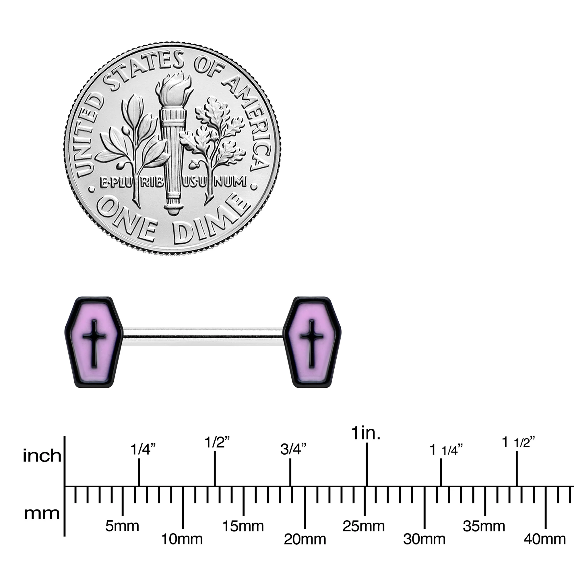 14G 9/16 Creepy Coffin Lt Purple Glow in the Dark Nipple Ring Set - Image 4