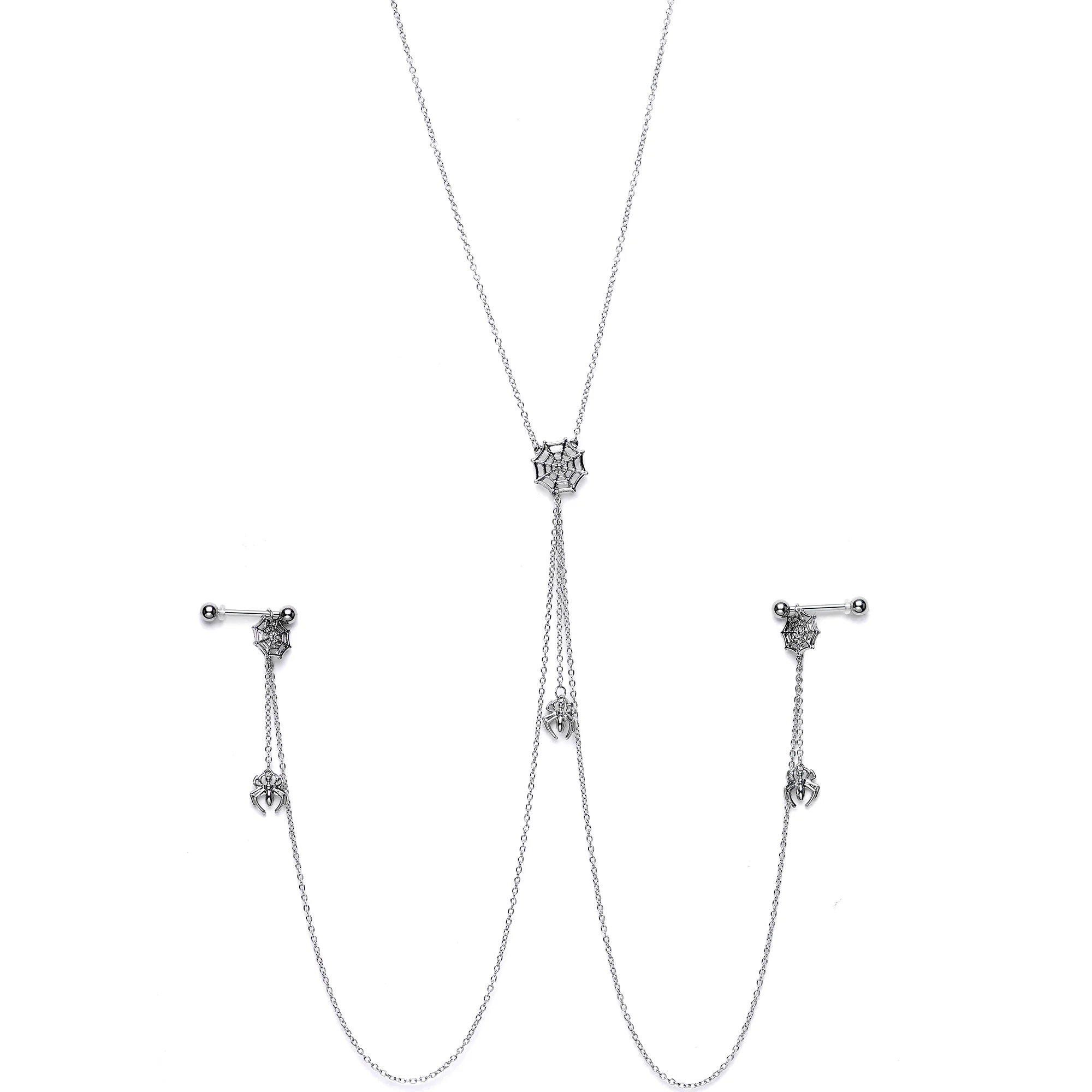 14G 9/16 Creepy Crawly Spider Web Halloween Nipple Chain Necklace - Image 2