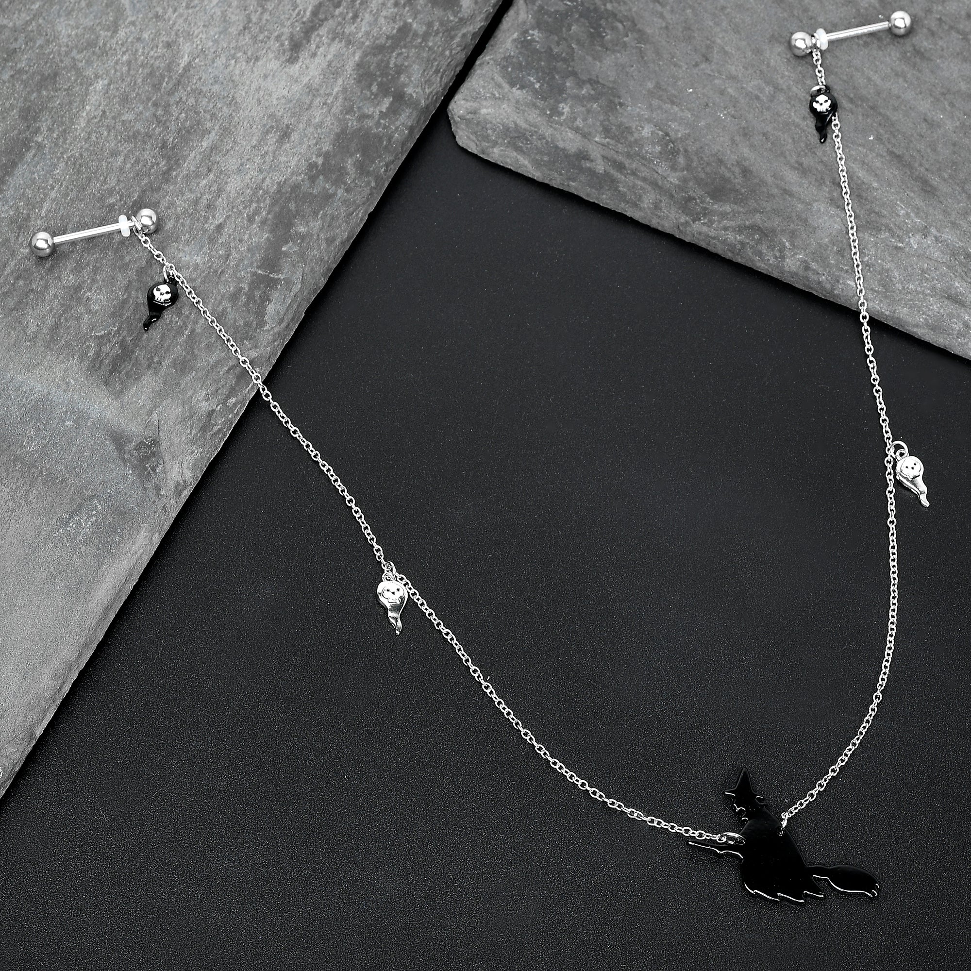 14G 9/16 Creepy Ghosts Witch Halloween Dangle Nipple Chain Set - Image 3