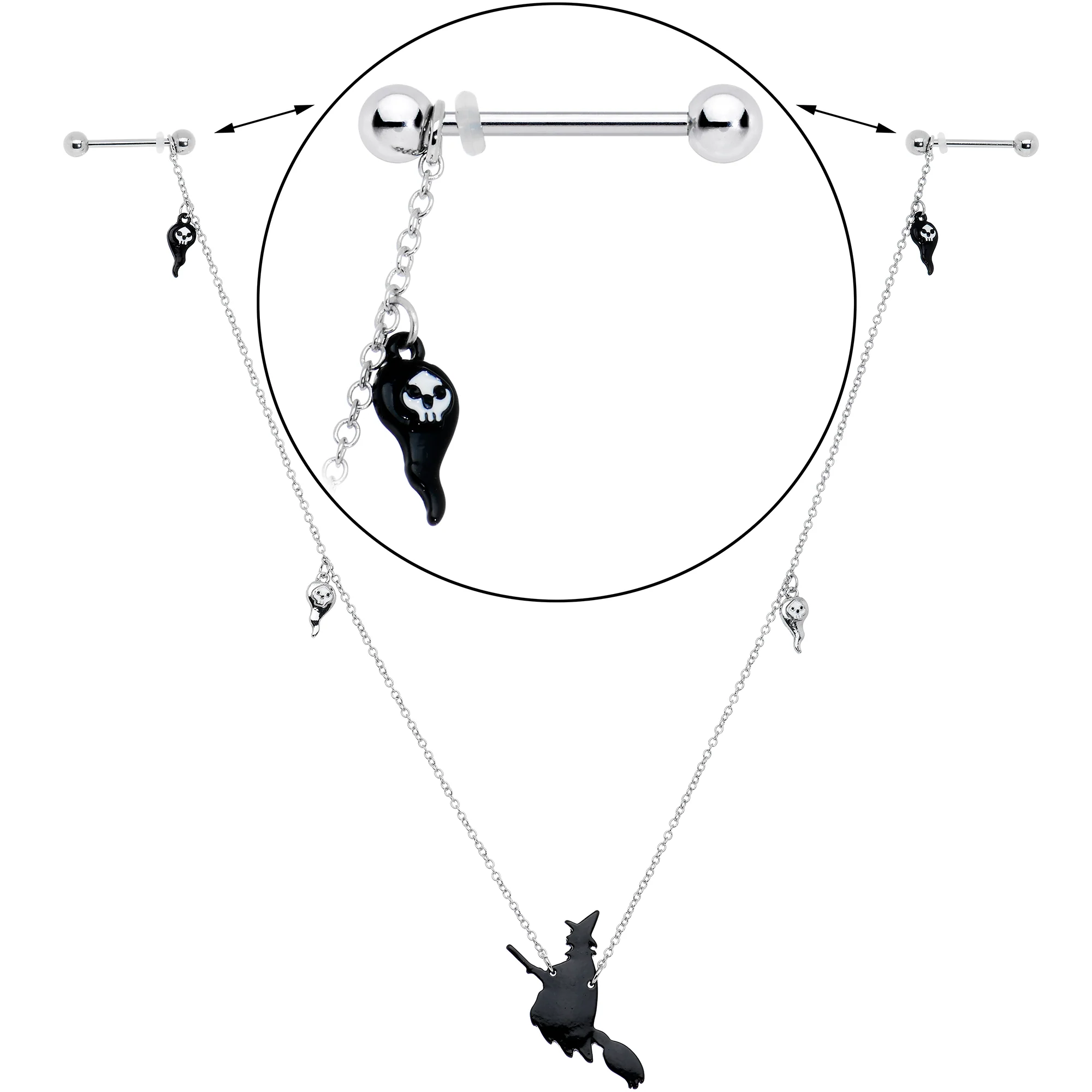 14G 9/16 Creepy Ghosts Witch Halloween Dangle Nipple Chain Set - Image 6