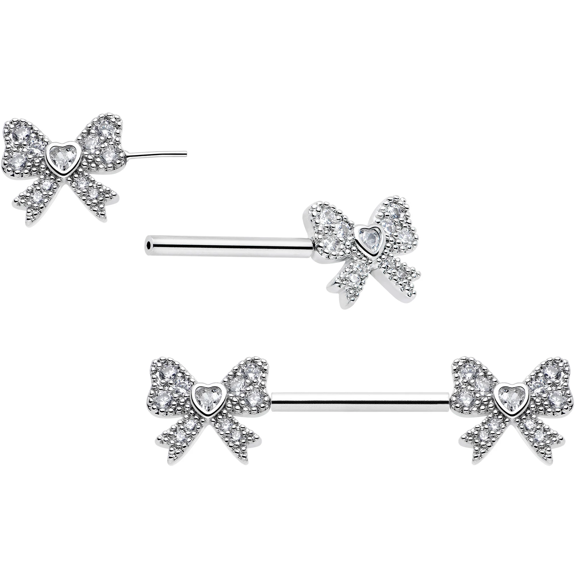 14G 9/16 CZ Dazzling Bow Threadless Nipple Ring Set - Image 2