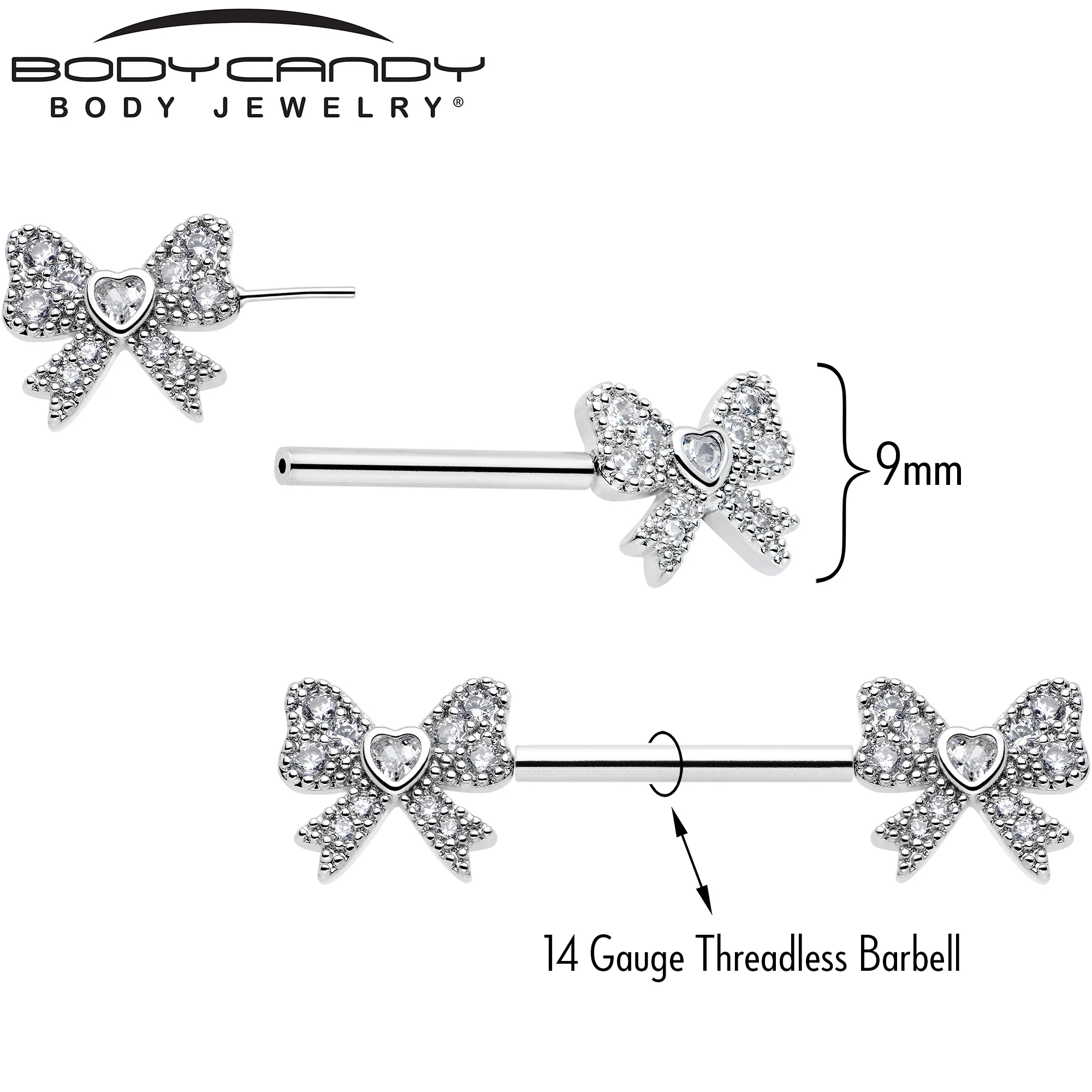 14G 9/16 CZ Dazzling Bow Threadless Nipple Ring Set - Image 3