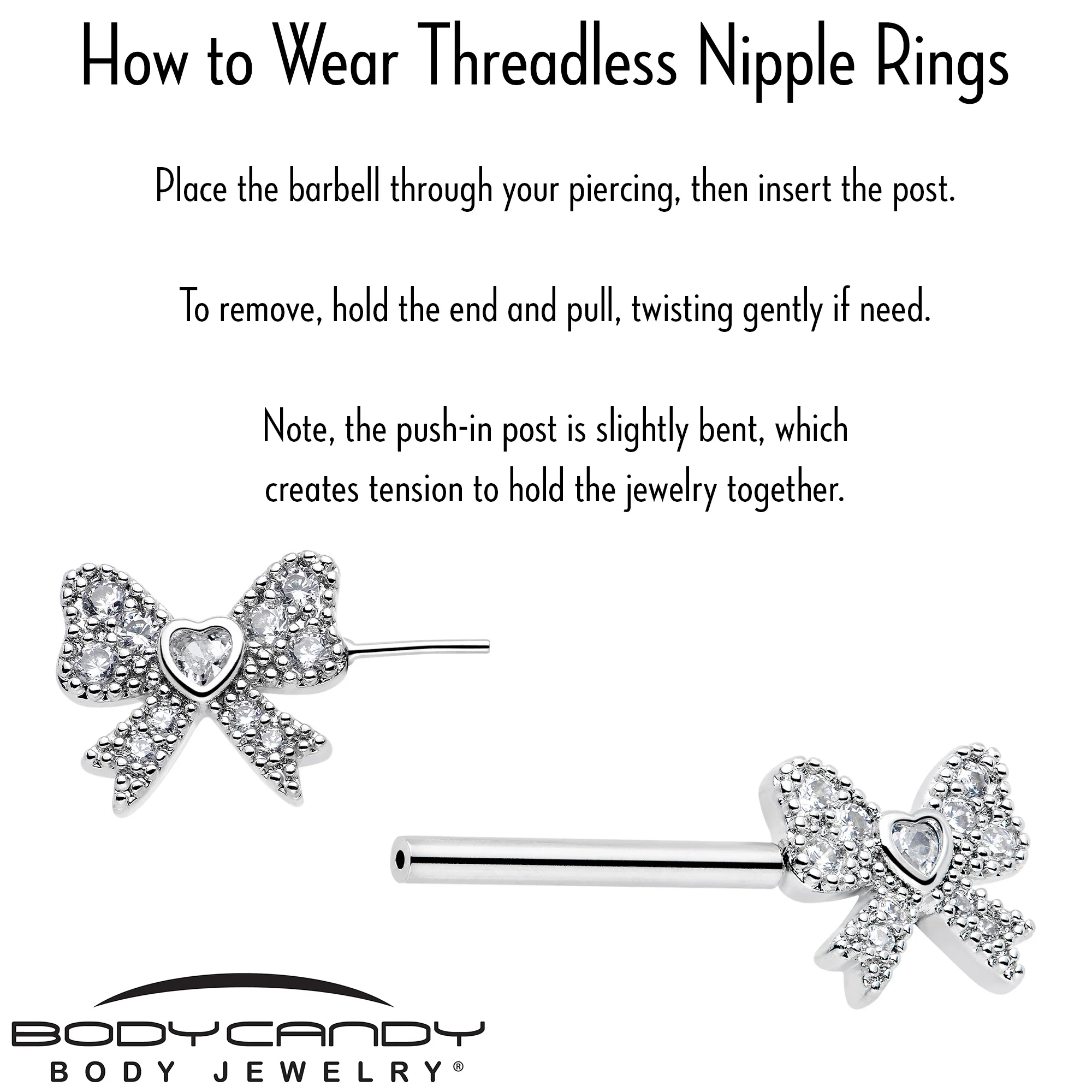 14G 9/16 CZ Dazzling Bow Threadless Nipple Ring Set - Image 4
