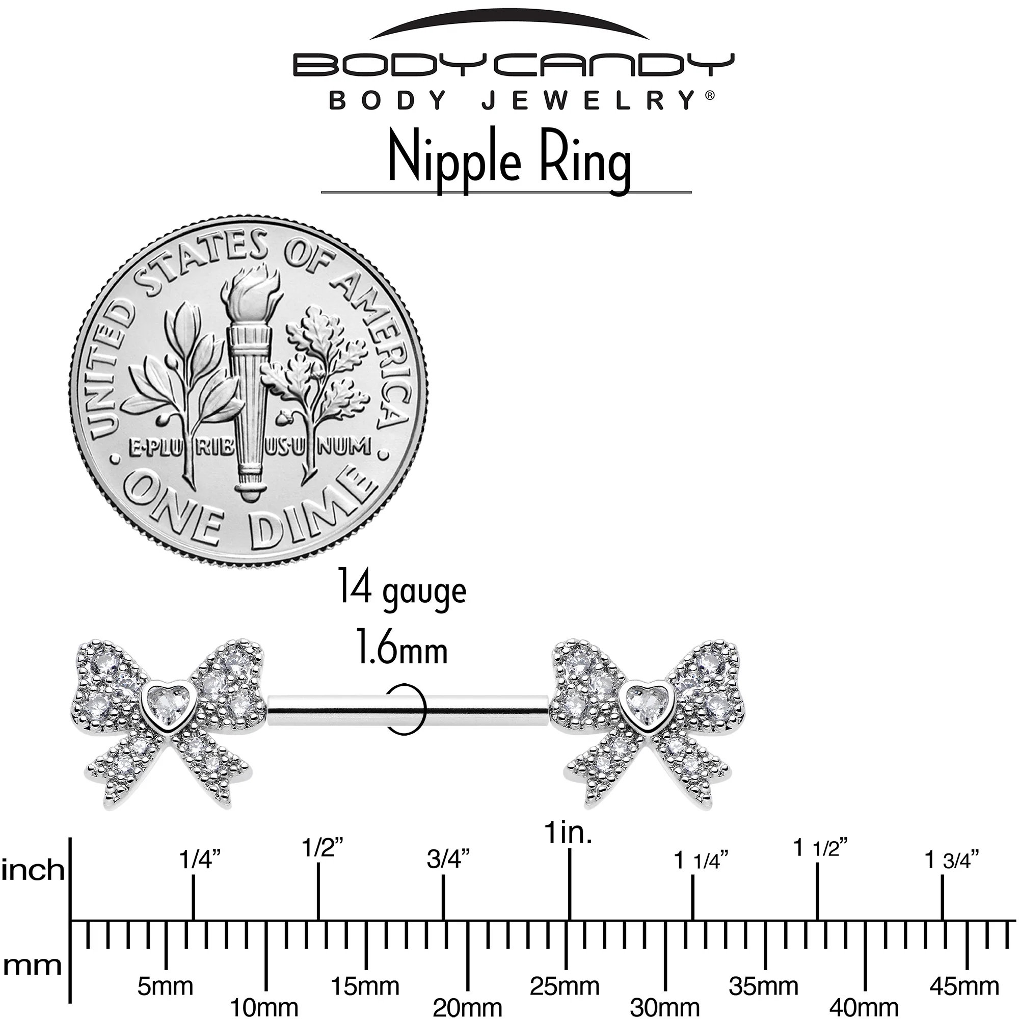 14G 9/16 CZ Dazzling Bow Threadless Nipple Ring Set - Image 6