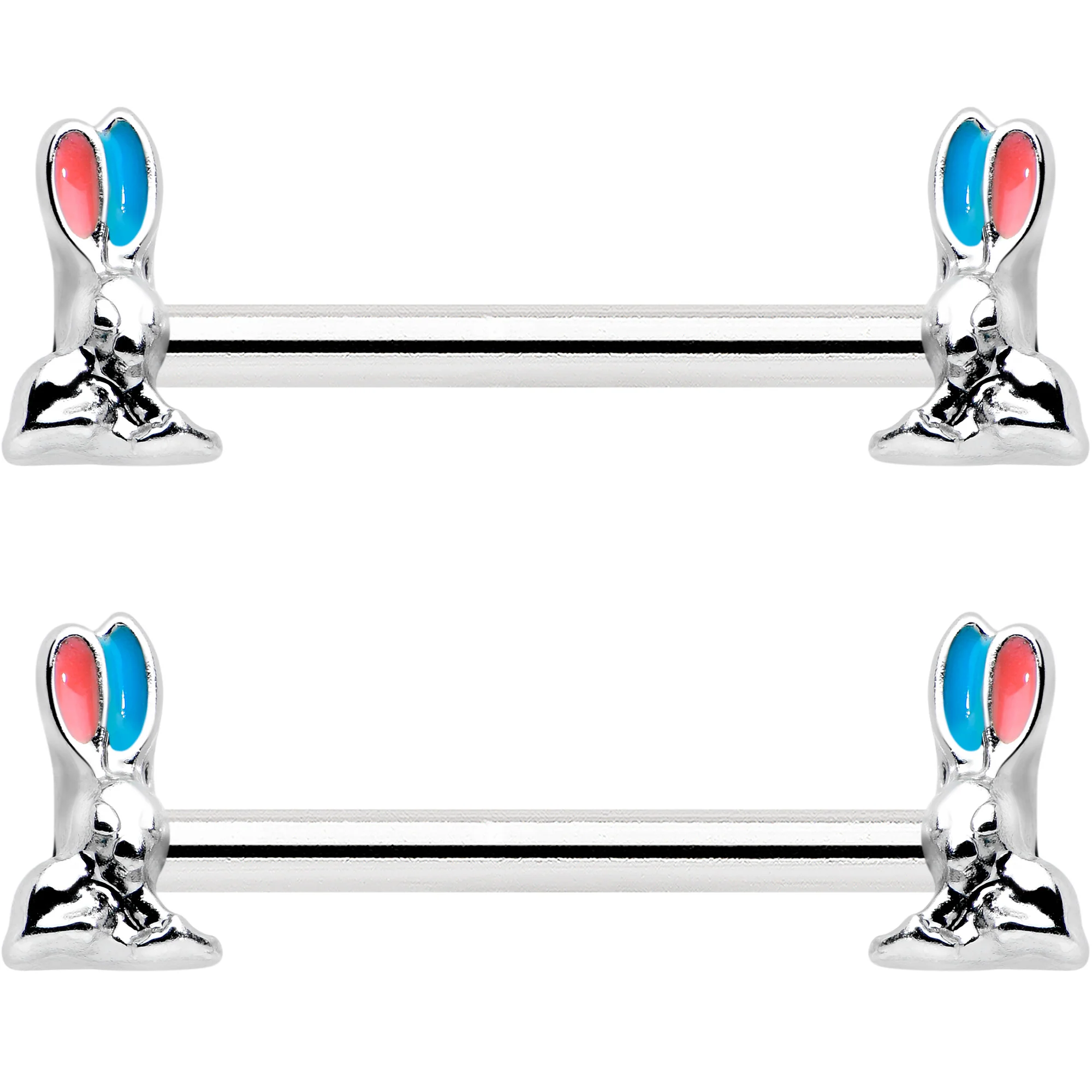 14G 9/16 Easter Bunny Blue Red Ears Barbell Nipple Ring Set - Image 2