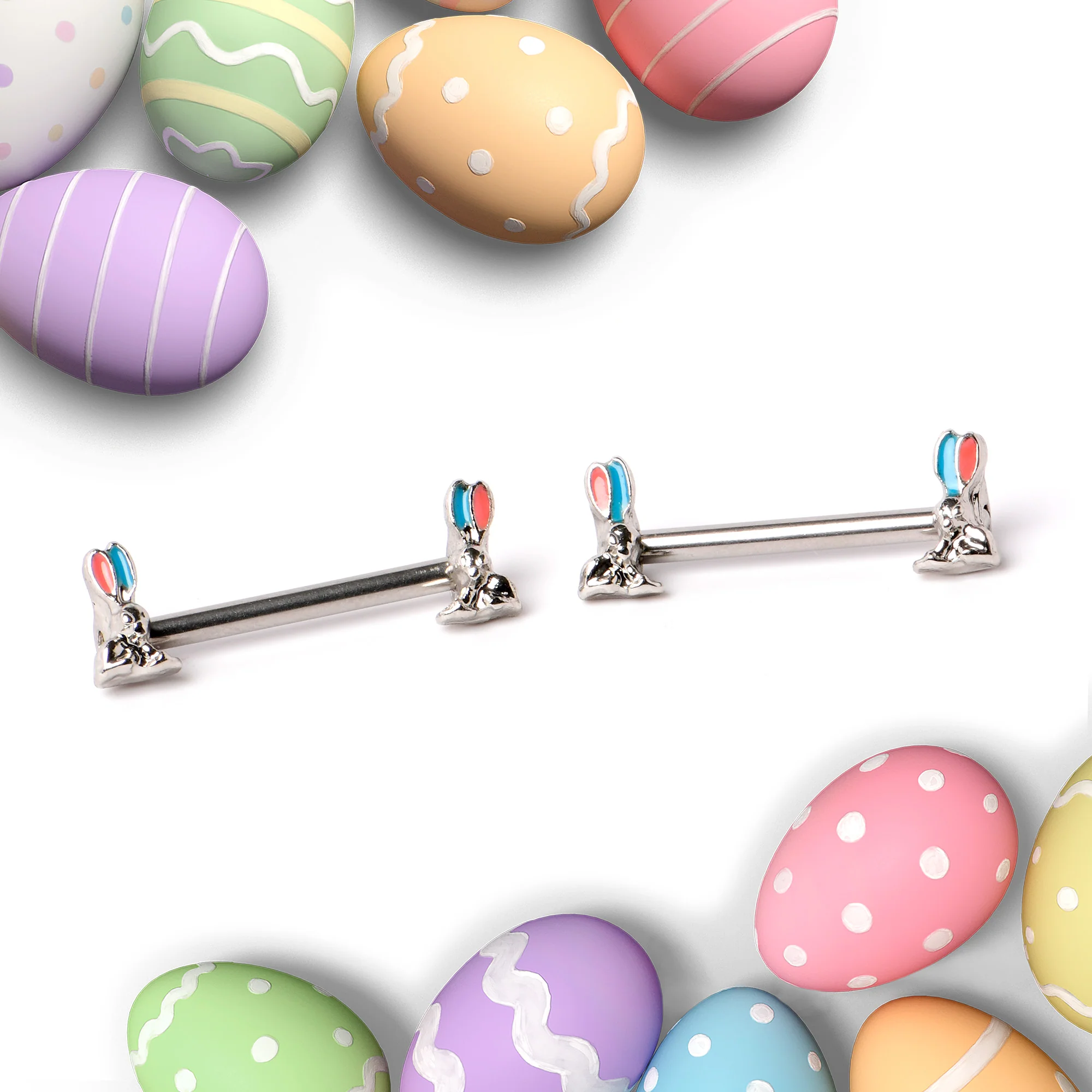 14G 9/16 Easter Bunny Blue Red Ears Barbell Nipple Ring Set - Image 4