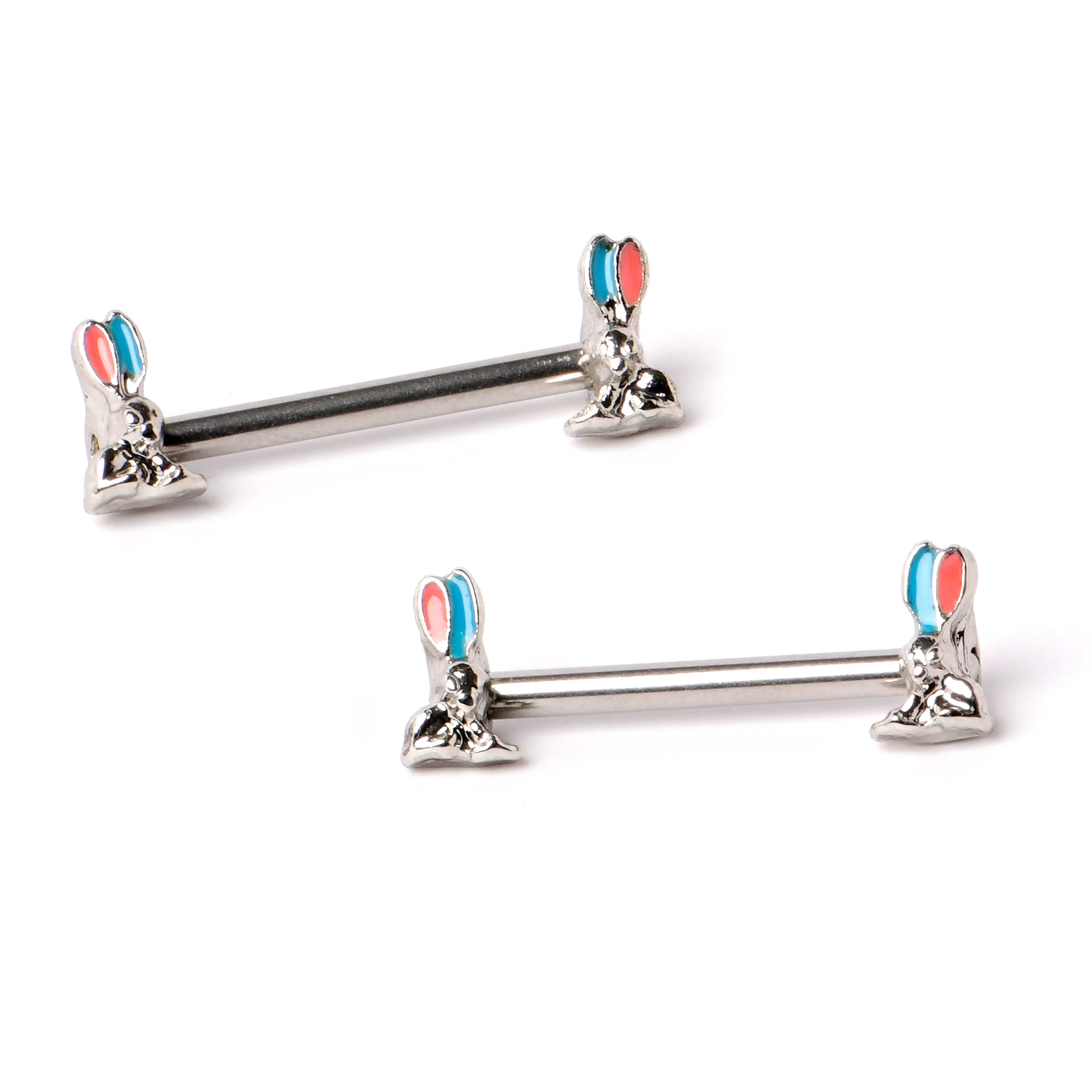 14G 9/16 Easter Bunny Blue Red Ears Barbell Nipple Ring Set - Image 5