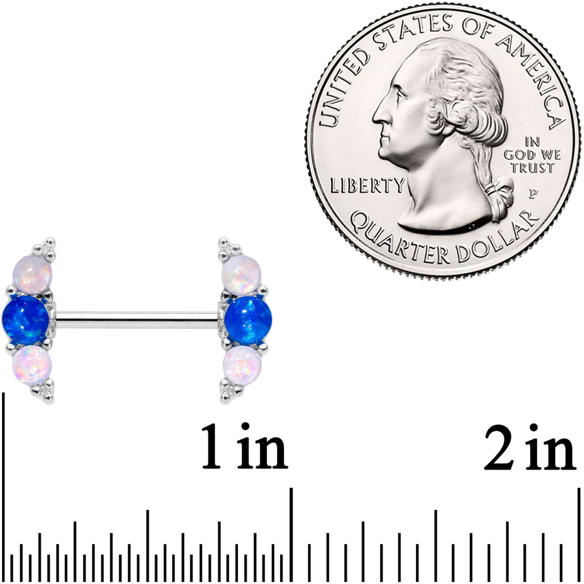 14G 9/16 Faux Blue White Opal Curve Barbell Nipple Ring Set - Image 2