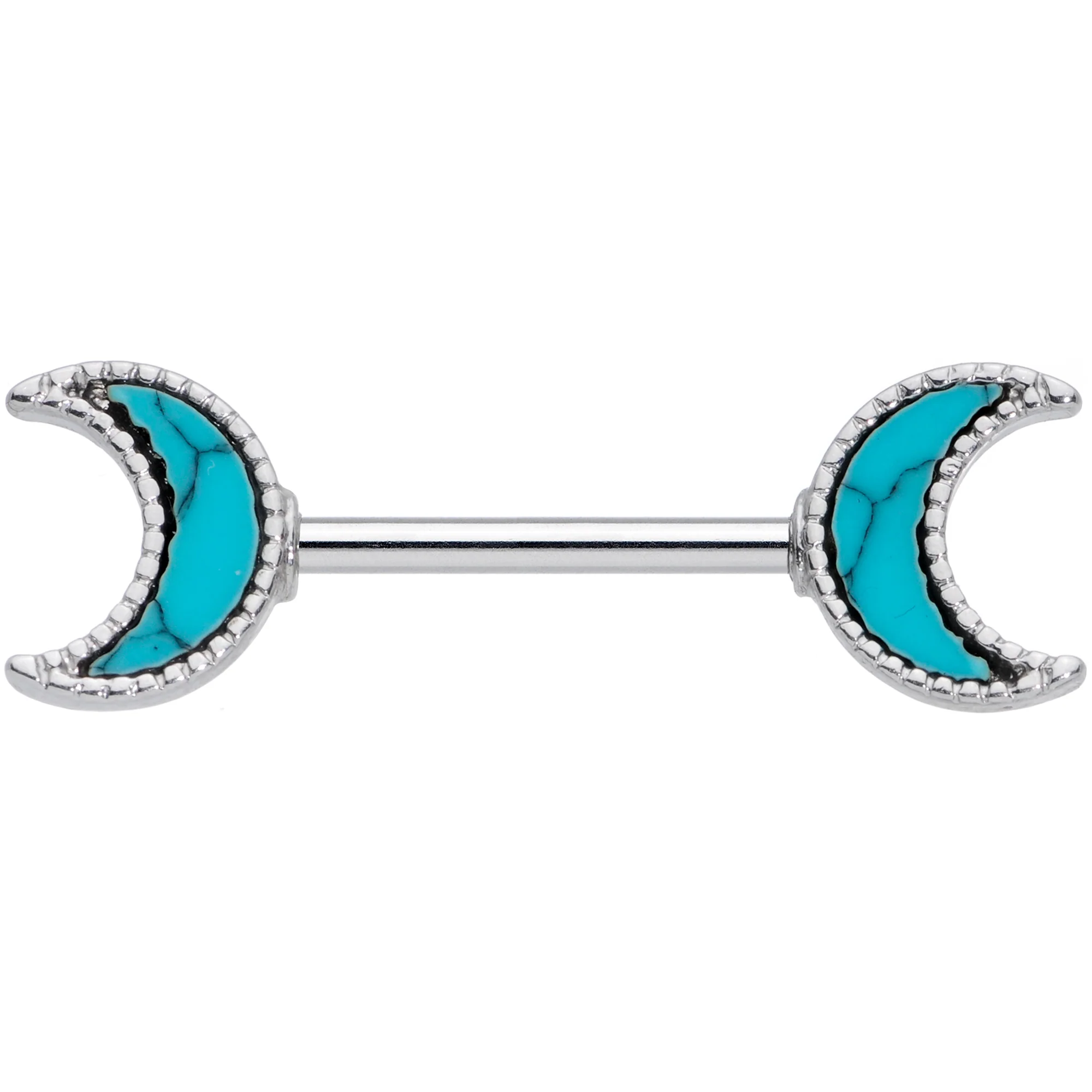 14G 9/16 Faux Turquoise Crescent Moon Barbell Nipple Ring Set - Image 2