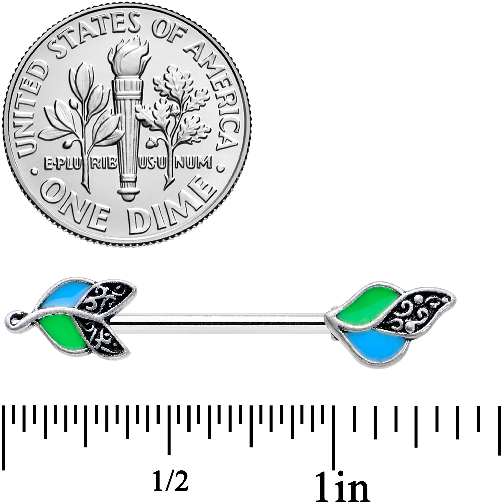 14G 9/16 Filigree Blue Green Leaves Barbell Nipple Ring Set - Image 2