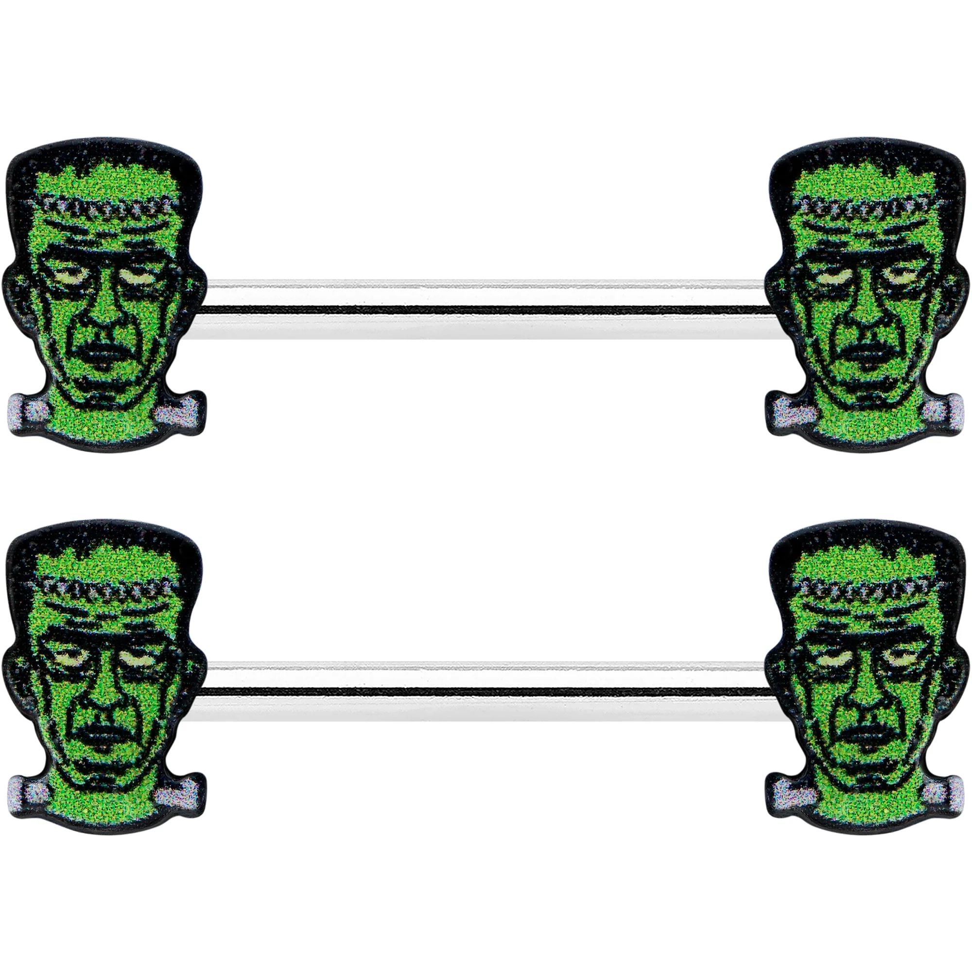 14G 9/16 Frankenstein Head Green Glow in the Dark Nipple Ring Set - Image 2
