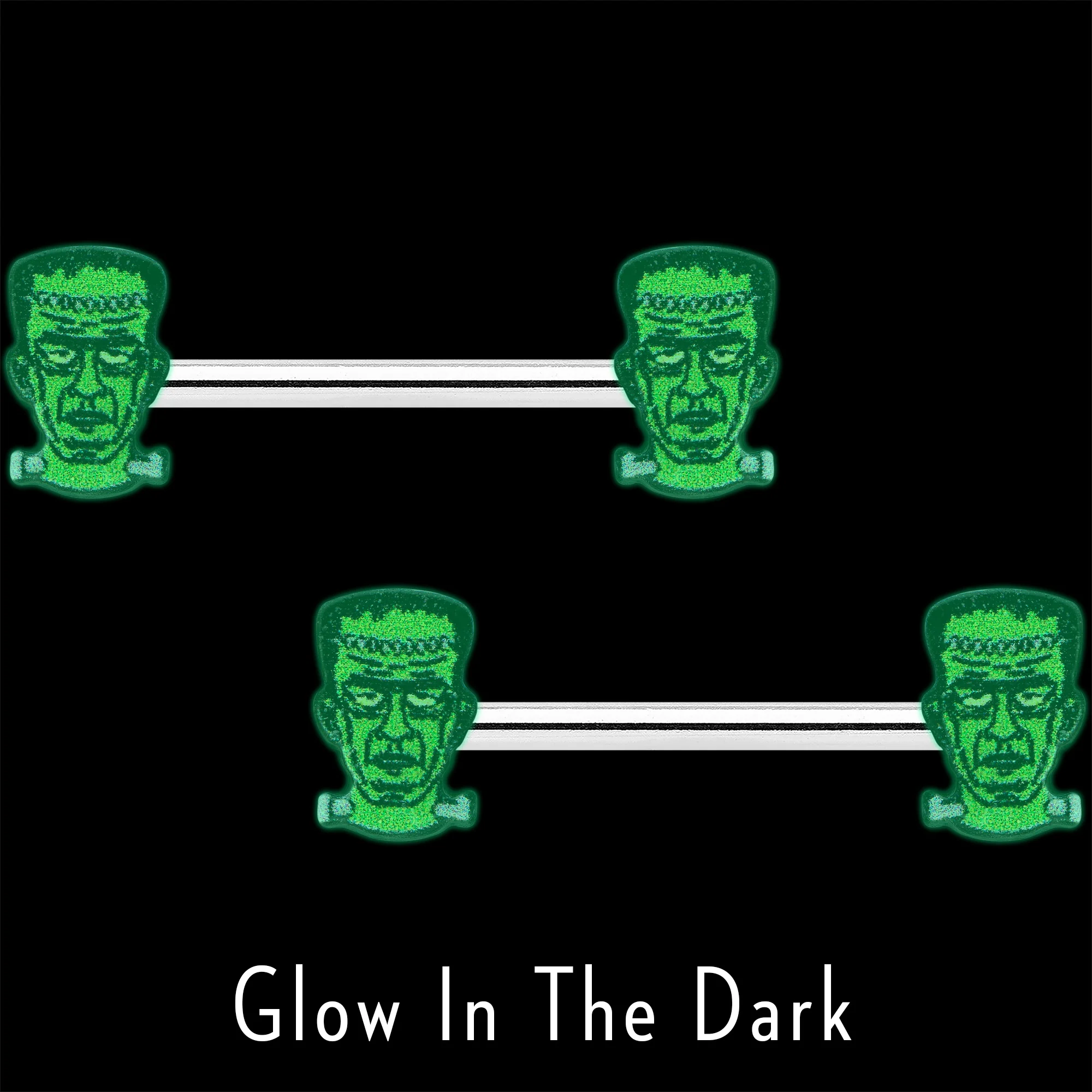14G 9/16 Frankenstein Head Green Glow in the Dark Nipple Ring Set - Image 3