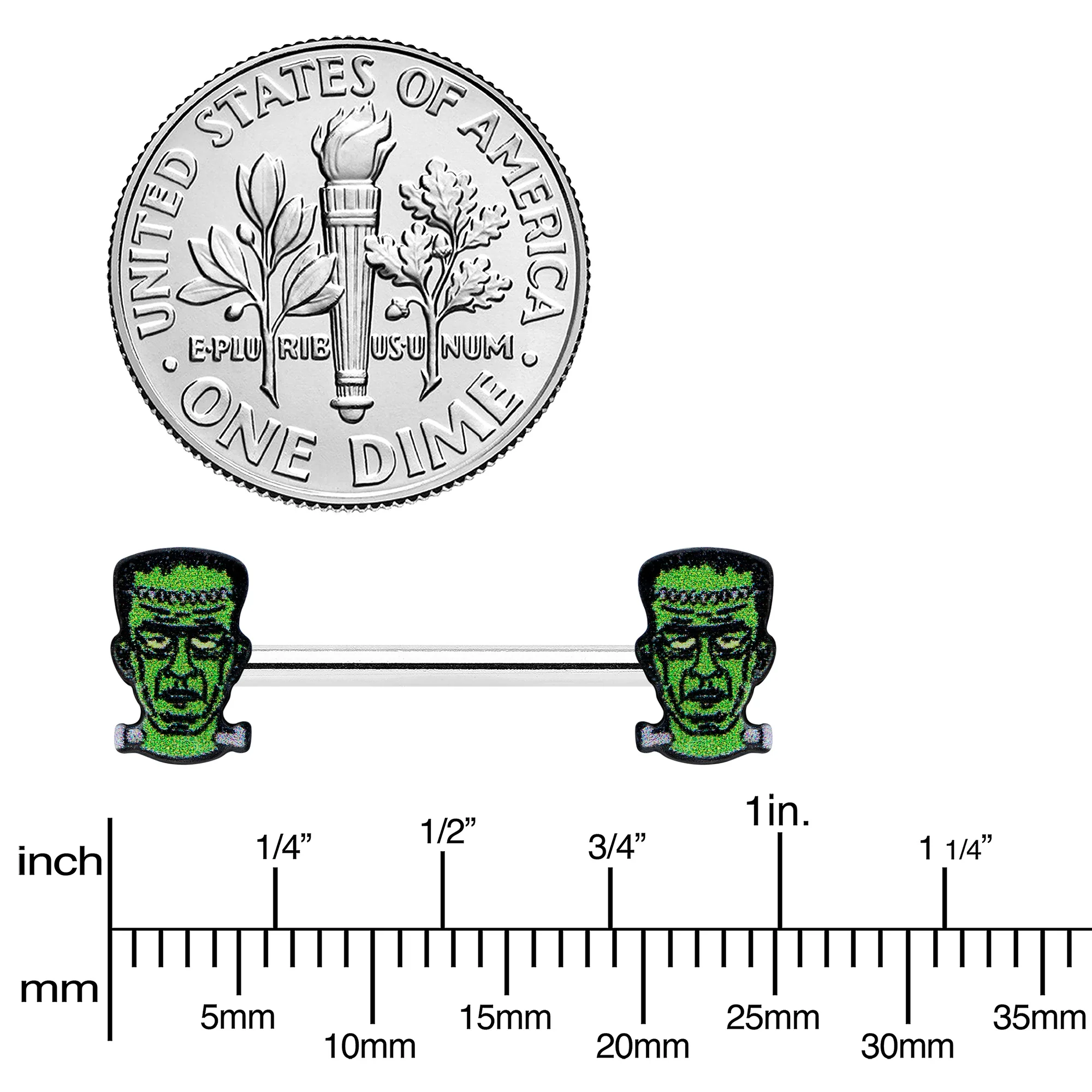 14G 9/16 Frankenstein Head Green Glow in the Dark Nipple Ring Set - Image 4