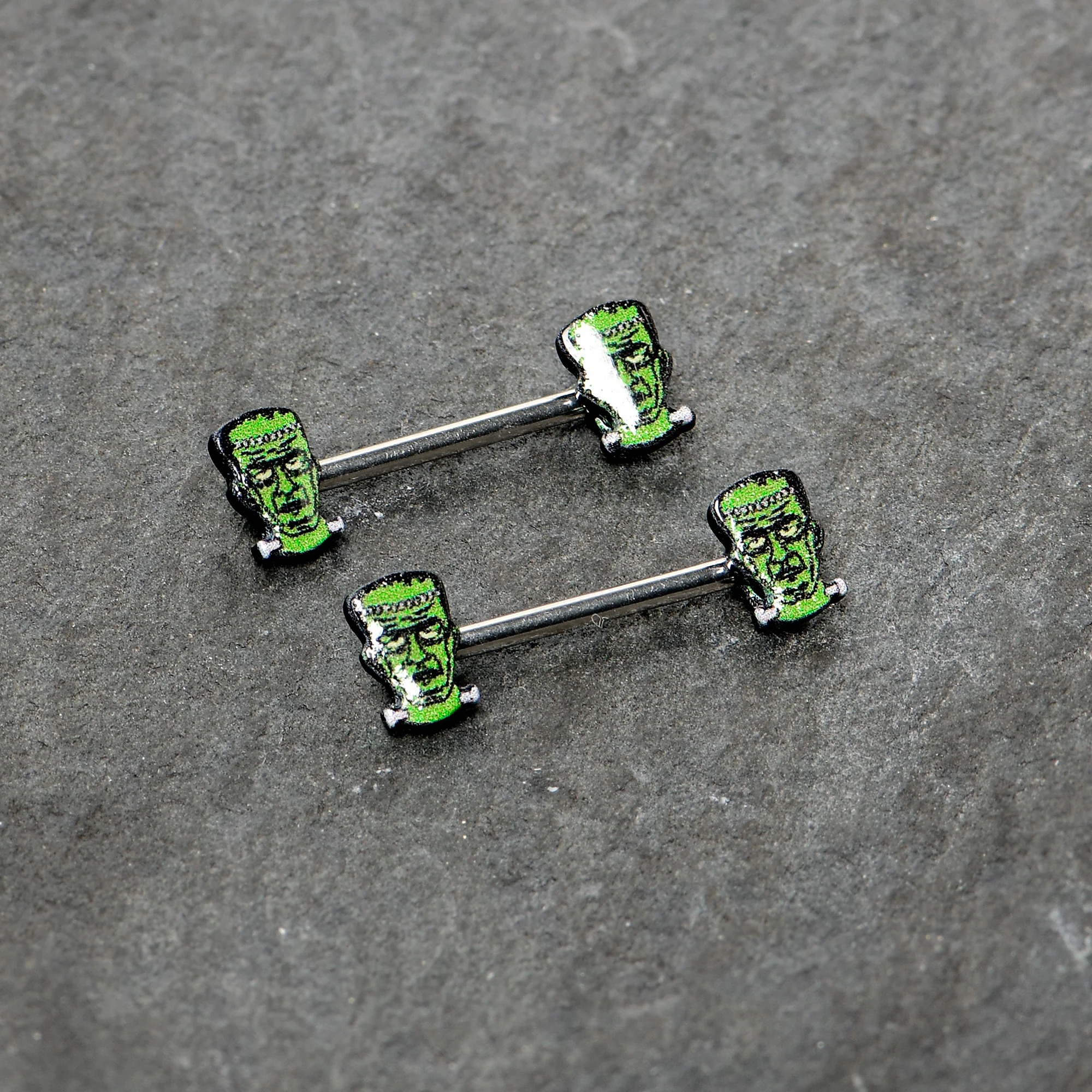14G 9/16 Frankenstein Head Green Glow in the Dark Nipple Ring Set - Image 5