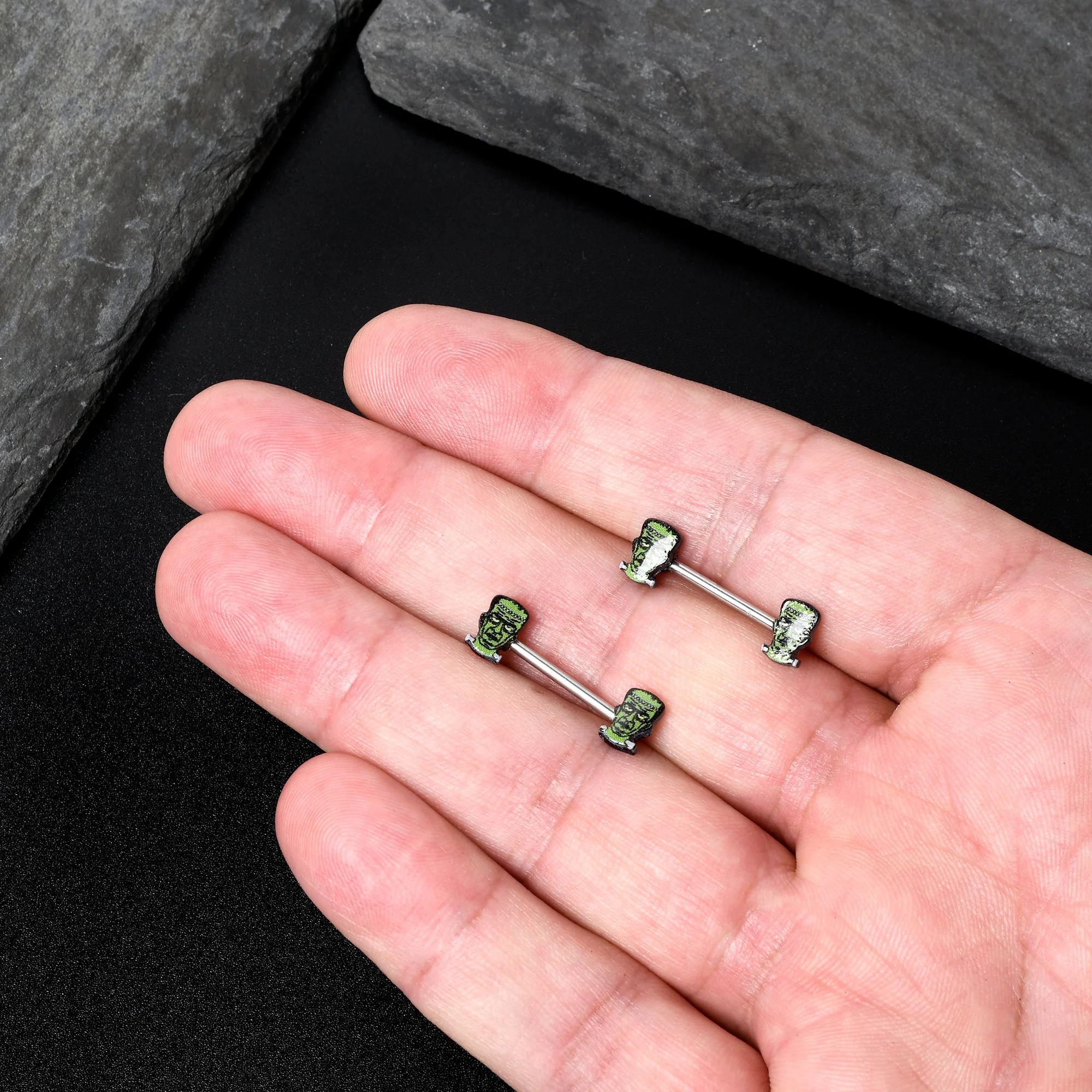 14G 9/16 Frankenstein Head Green Glow in the Dark Nipple Ring Set - Image 7