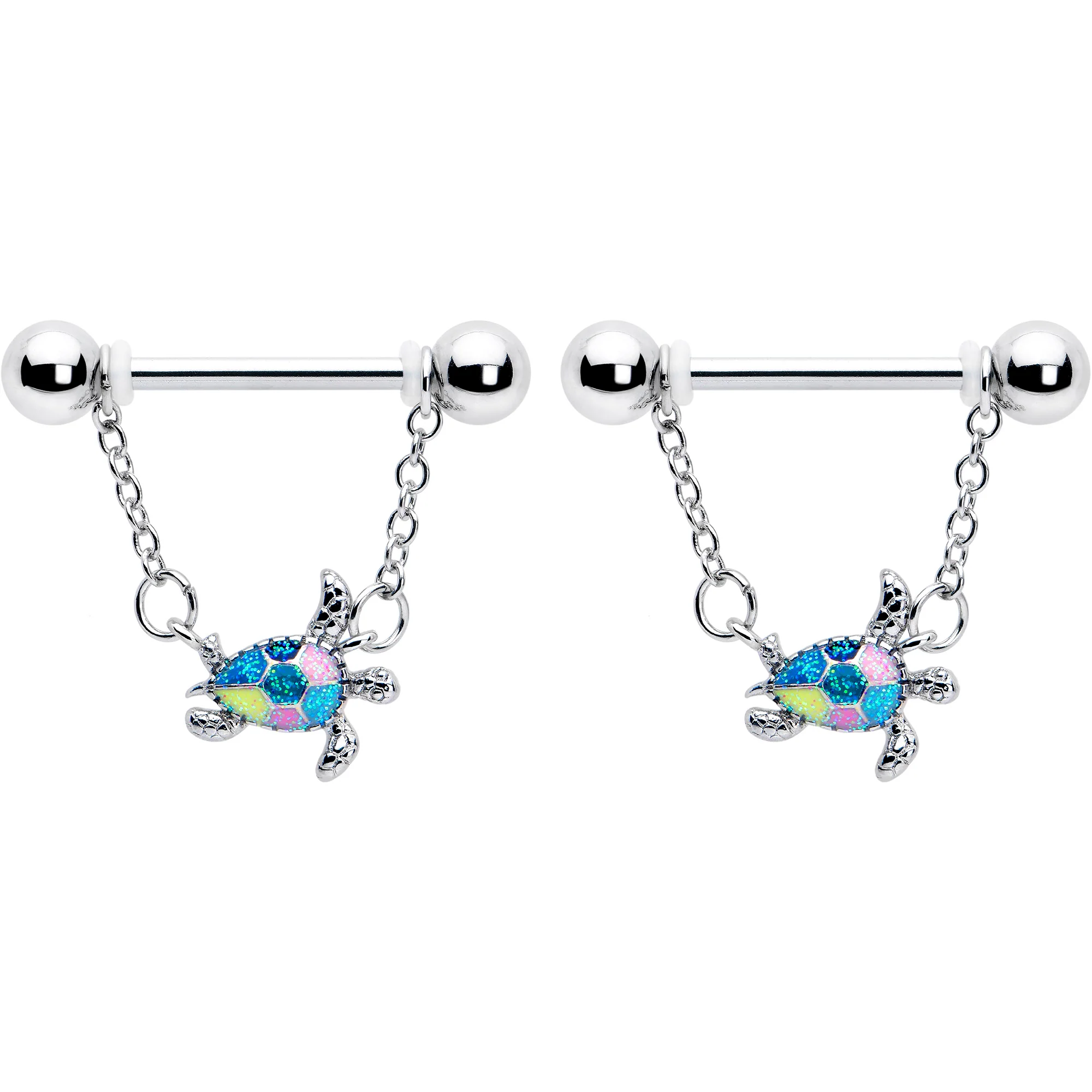 14G 9/16 Glitter Turtle Chain Dangle Nipple Ring Set - Image 2