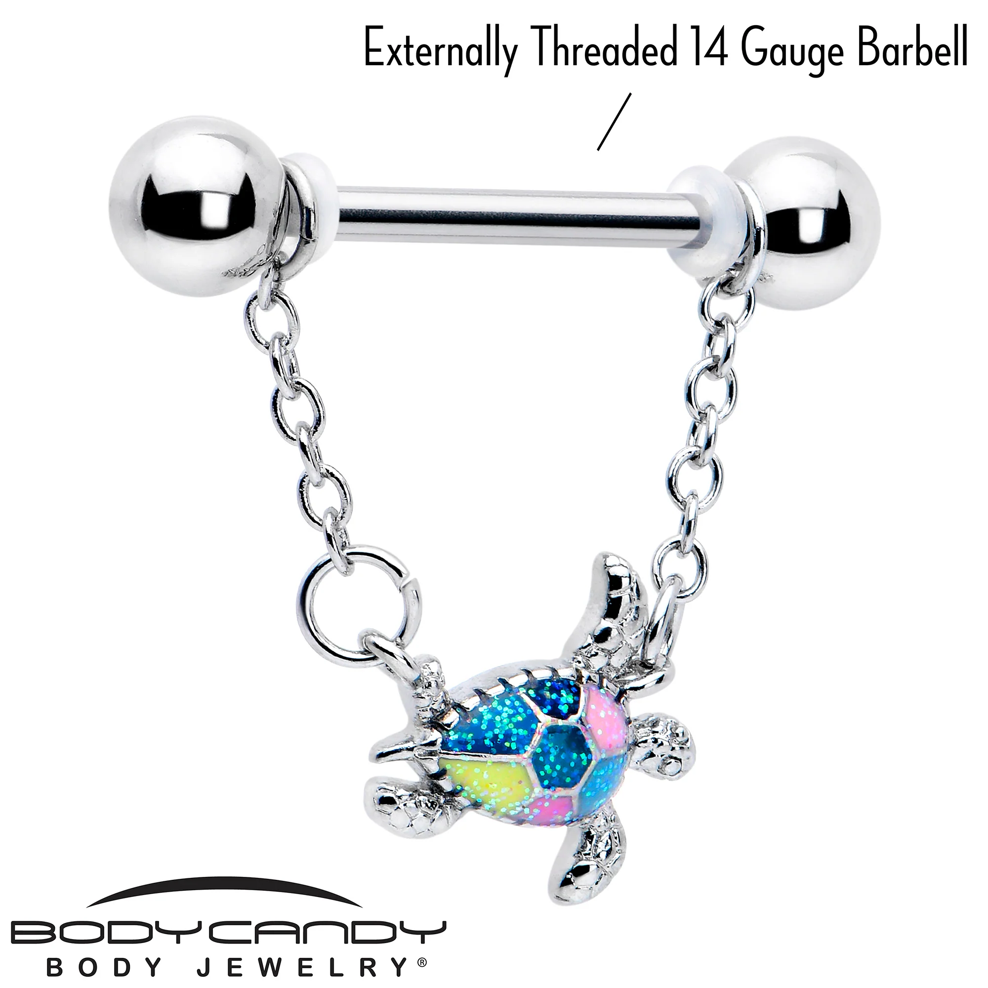 14G 9/16 Glitter Turtle Chain Dangle Nipple Ring Set - Image 3