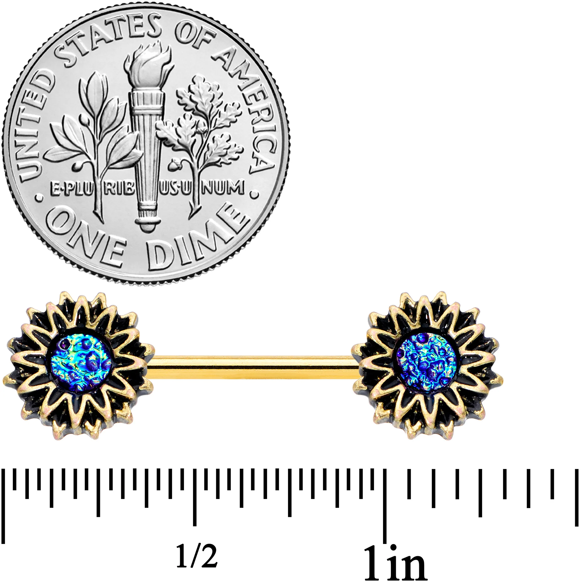 14G 9/16 Gold Tone Aqua Center Sunburst Barbell Nipple Ring Set - Image 2