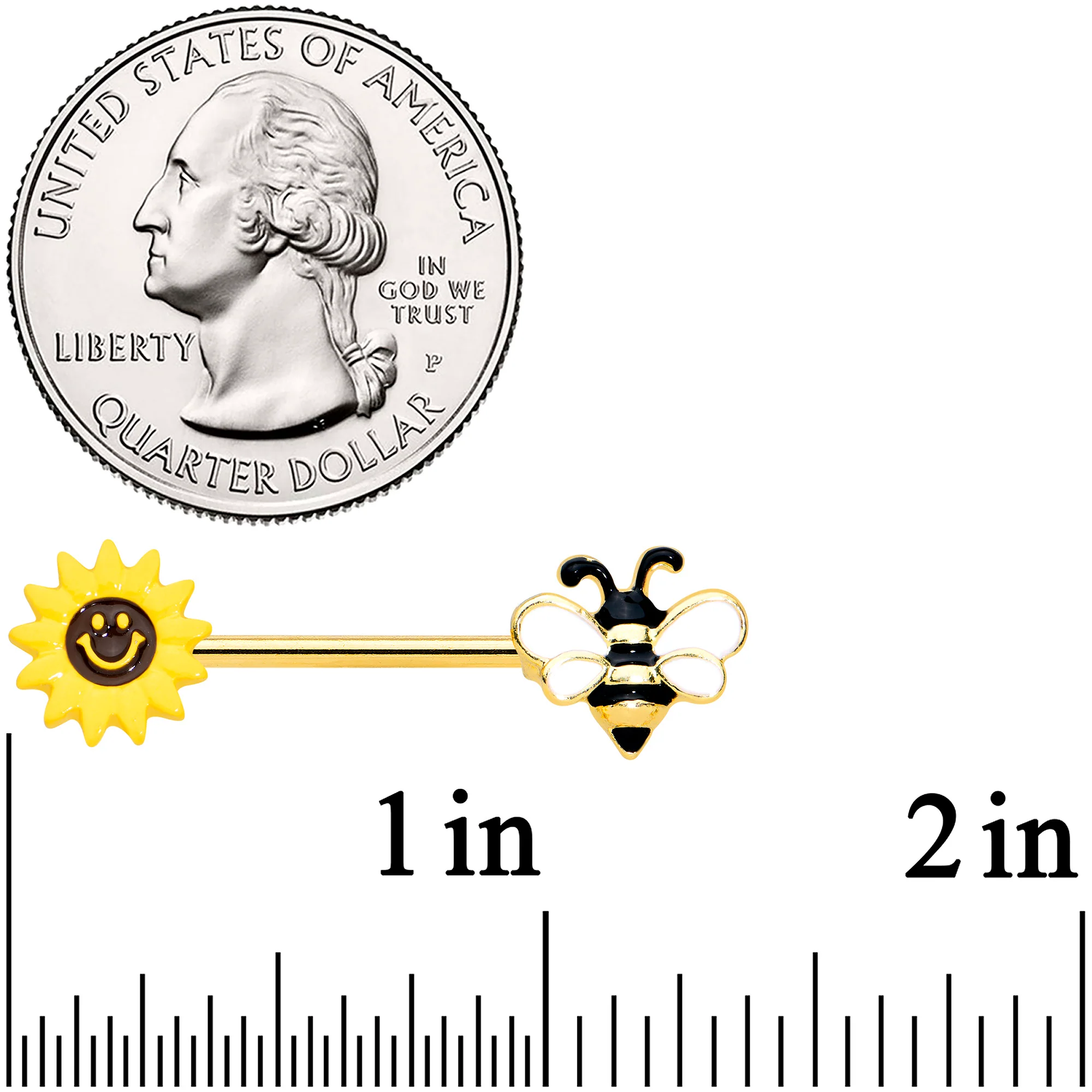 14G 9/16 Gold Tone Bee Smiley Sunflower Barbell Nipple Ring Set - Image 3