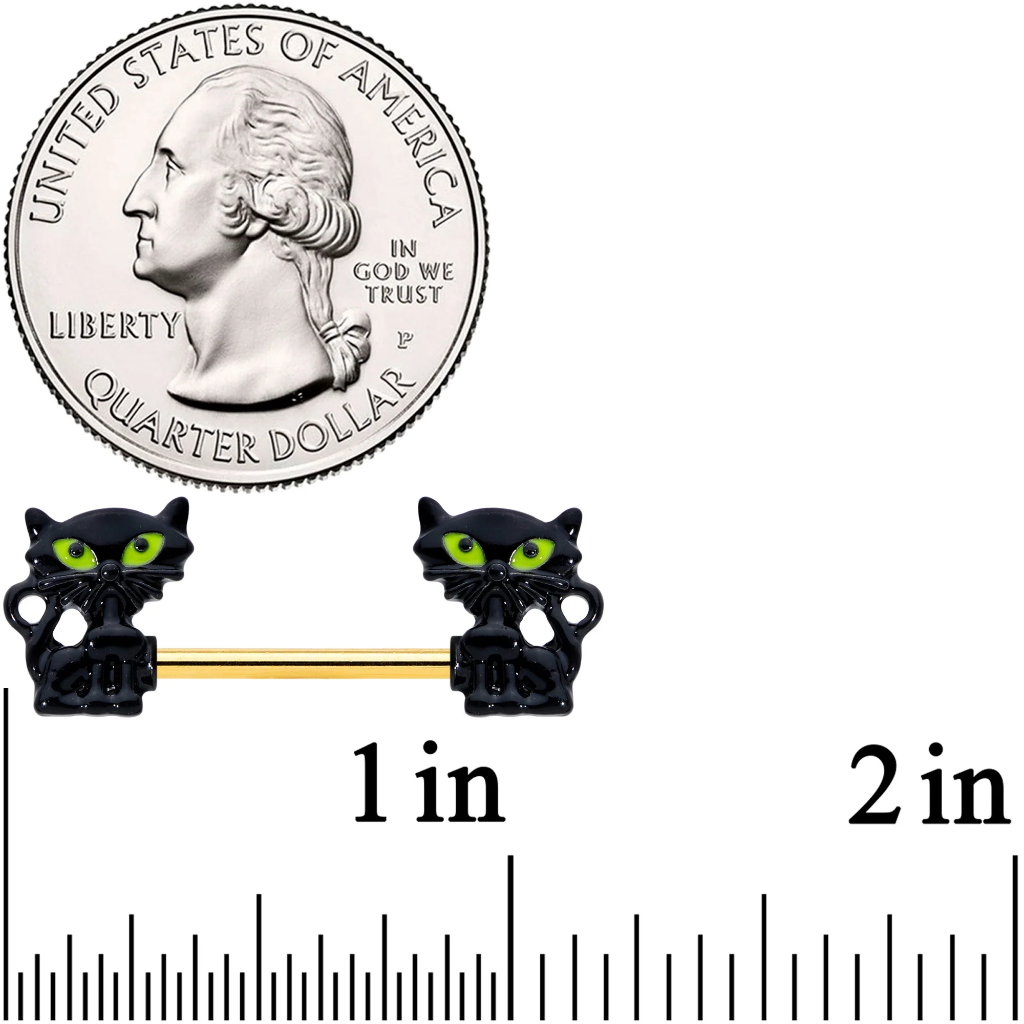 14G 9/16 Gold Tone Black Cat Halloween Barbell Nipple Ring Set - Image 2