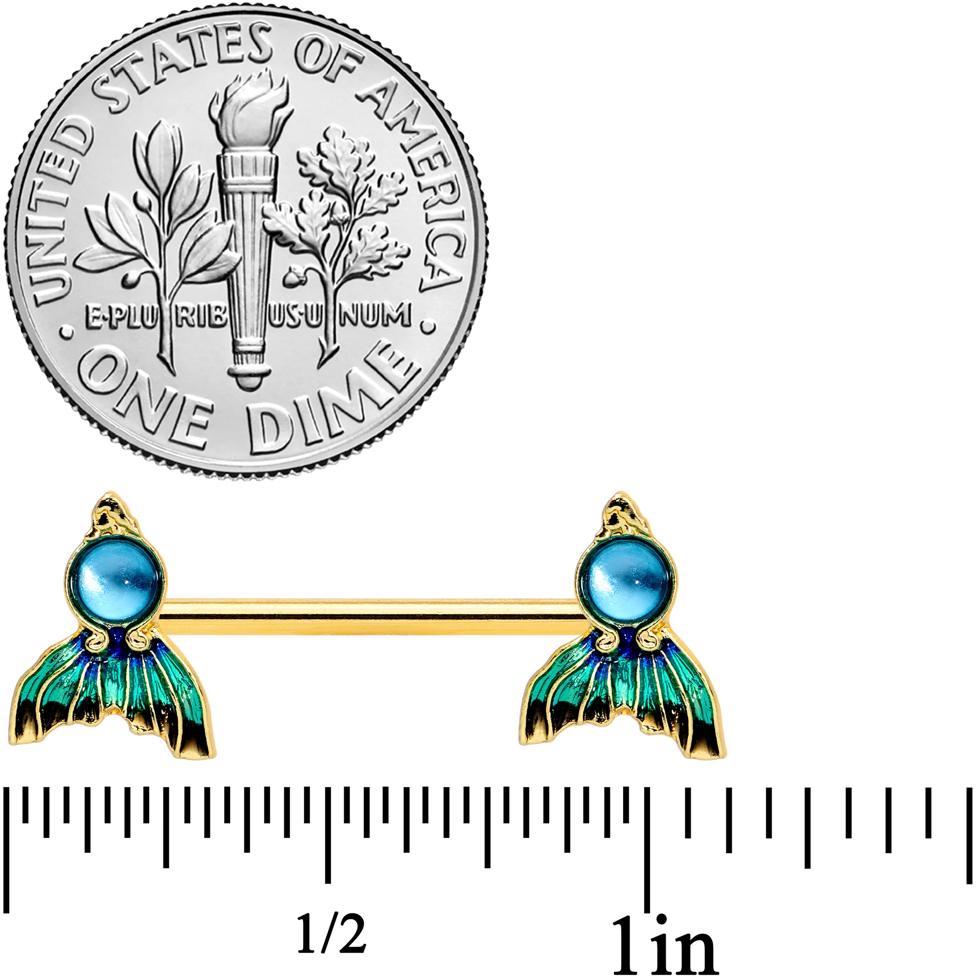 14G 9/16 Gold Tone Blue Green Mermaid Tail Barbell Nipple Ring Set - Image 2