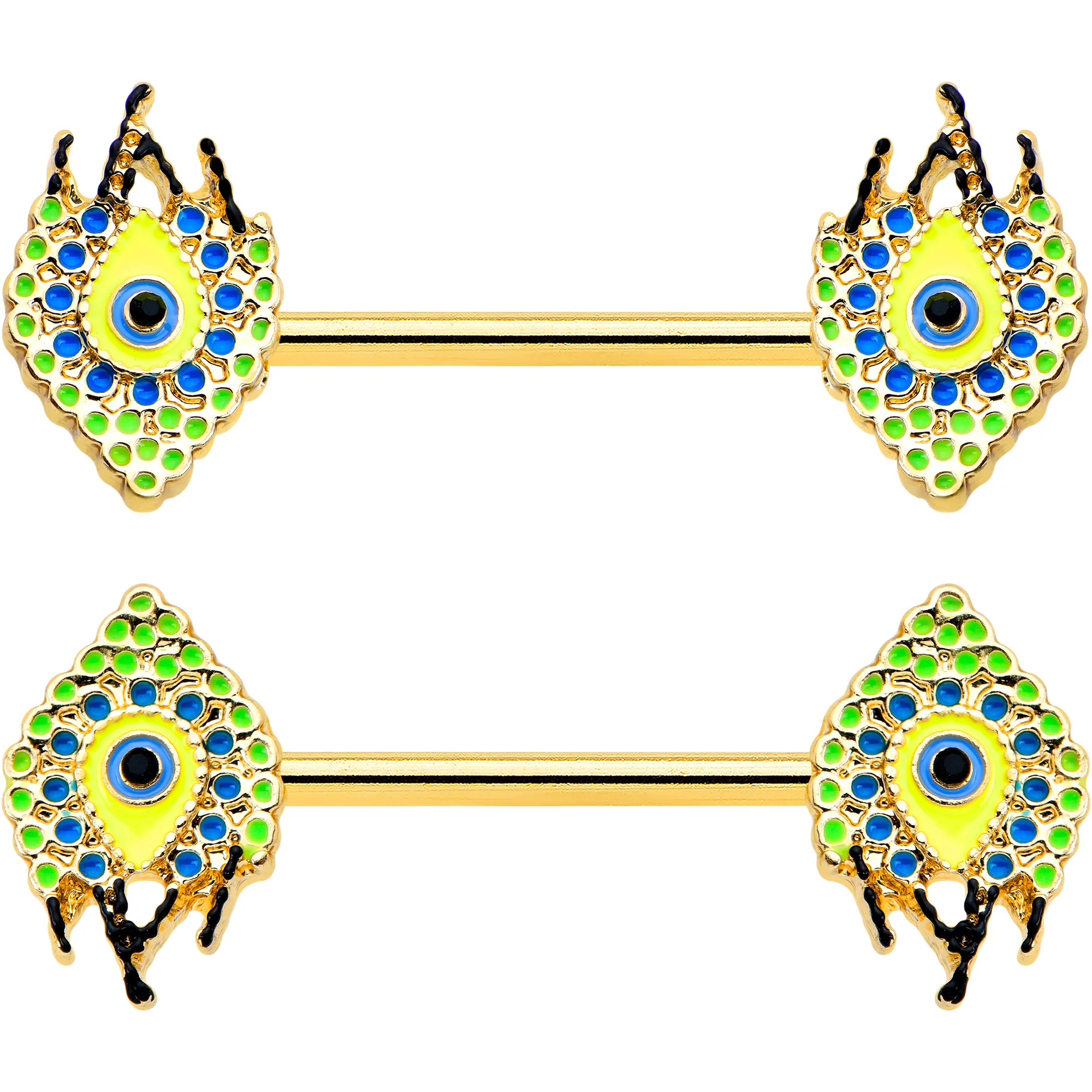 14G 9/16 Gold Tone Bold Peacock Feather Barbell Nipple Ring Set - Image 2